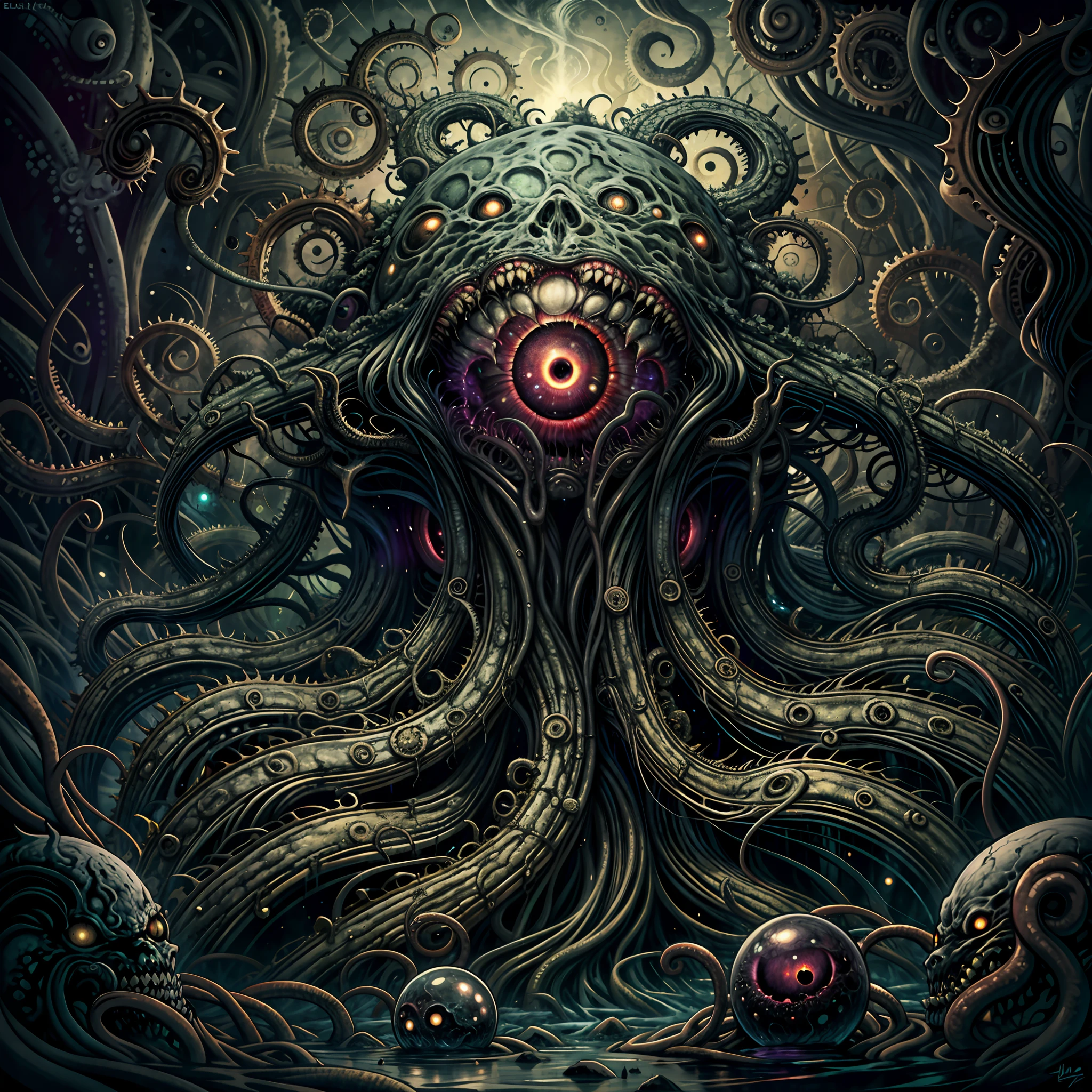 (best quality,4k,8k,highres,masterpiece:1.2),ultra-detailed,(realistic,photorealistic,photo-realistic:1.37),eldritch eye monster,(a floating sphere glowing eye), lots of tentacles, HP.lovecraft style, eerie atmosphere, ancient horror, dark, mysterious, twisted beings, ominous, cosmic horror, otherworldly, surreal, eldritch entities, grotesque, disturbing, inscrutable, tentacle-covered, abyssal depth, macabre, unearthly presence, supernatural, spectral, indescribable horror, haunting, nightmare-inducing, ethereal light, arcane symbols, eldritch essence, eerie glow, monstrous proportions, shifting shadows, eldritch abomination, tentacle tendrils, unknowable secrets, madness-inducing gaze