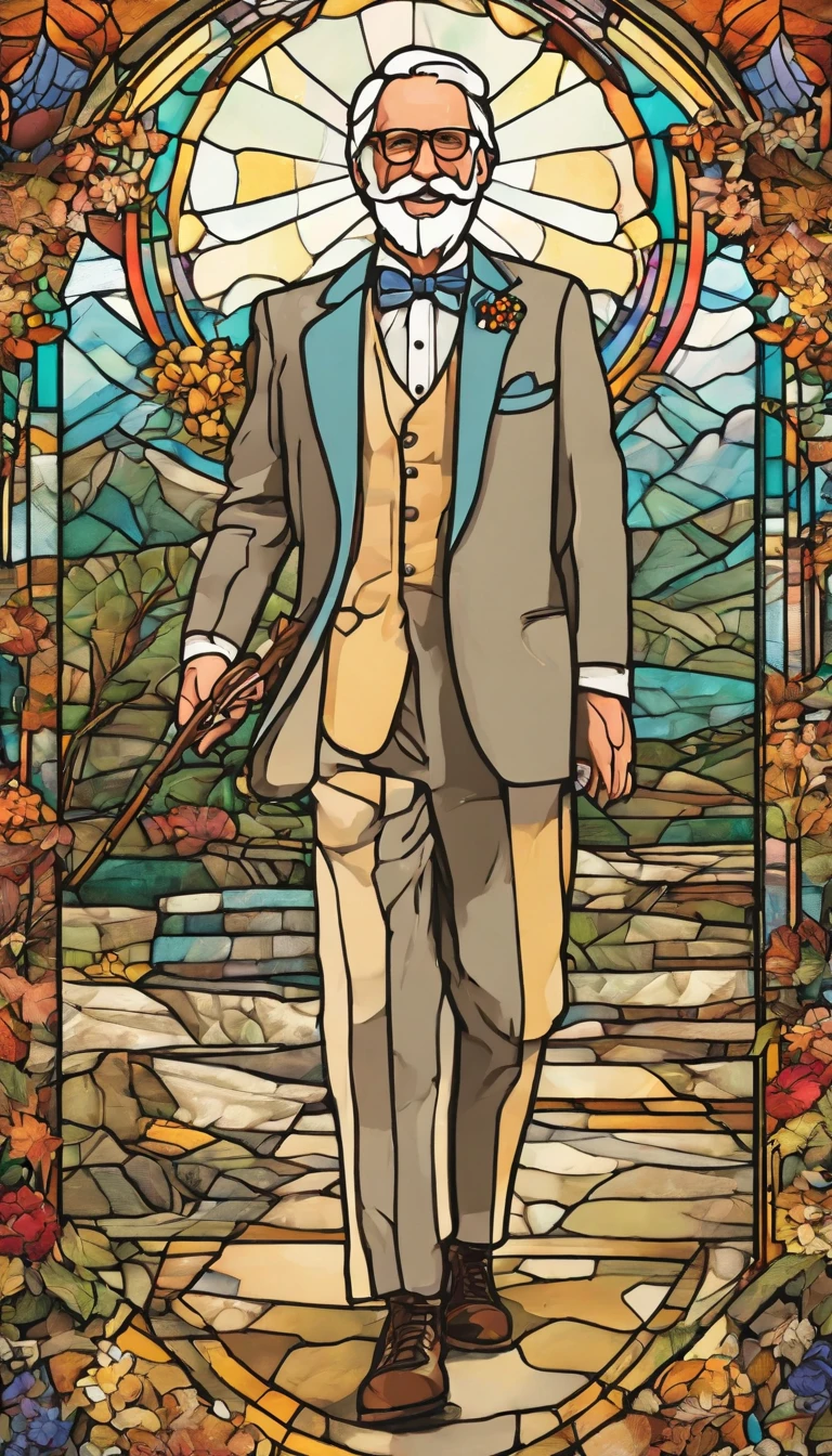 ((((super high quality)))), ((8K)), ((135mm sony lens)), Colonel Sanders, KFC, an old man, grey hair, white formal suit, smile in happiness, walking stick in his right hand, full body photo, Kentucky state in the background, early 70s era, (((wes anderson color grade)))