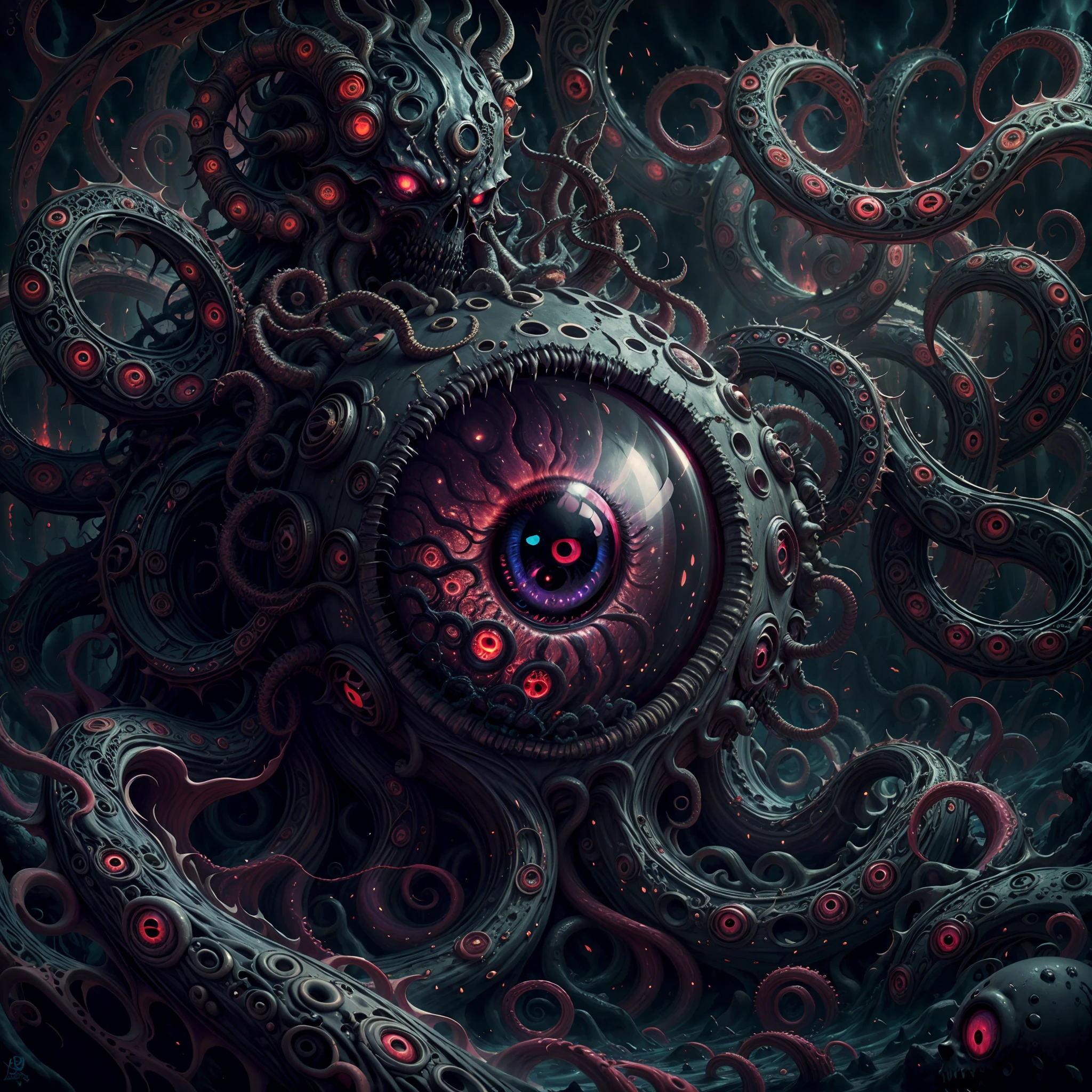 A surreal closeup of an eye-covered creature in space. The creature, is a blend of ancient stone, roots, and bones, has multifaceted, glowing irises, and a mouth of sharp teeth.(art and illustration,, complex patterns:1.4),(aerial, fantastic, surrealistic, imaginative, beautiful, intricate details, masterpiece, best quality:1.4),wide angle view, full frame body shot, cinematic stilldramatic and dynamic lighting,,  <xl_more_art-full_v1:0.72> <add-detail-xl:0.72> <Scaleborn_SDXL:0.84> <Desolation:0.84> <linquivera:0.64>