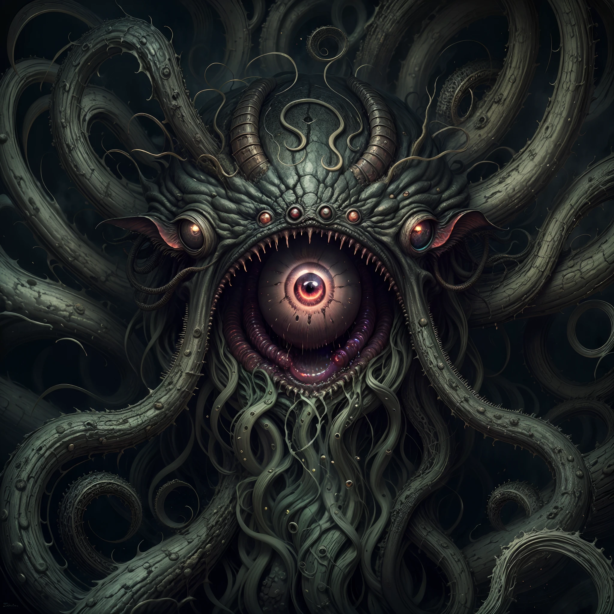 (best quality,4k,8k,highres,masterpiece:1.2),ultra-detailed,(realistic,photorealistic,photo-realistic:1.37),eldritch eye monster,(a floating sphere glowing eye), lots of tentacles, HP.lovecraft style, eerie atmosphere, ancient horror, dark, mysterious, twisted beings, ominous, cosmic horror, otherworldly, surreal, eldritch entities, grotesque, disturbing, inscrutable, tentacle-covered, abyssal depth, macabre, unearthly presence, supernatural, spectral, indescribable horror, haunting, nightmare-inducing, ethereal light, arcane symbols, eldritch essence, eerie glow, monstrous proportions, shifting shadows, eldritch abomination, tentacle tendrils, unknowable secrets, madness-inducing gaze