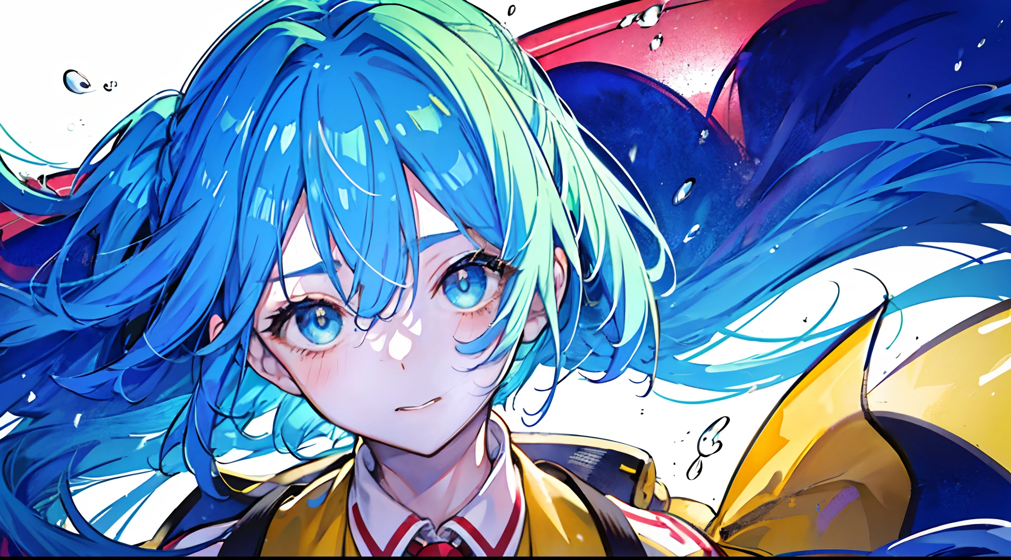 1girl in, Pony tail, Blue-haired, (Long hair), Green eyes, , shirt with collar, Red tie, Yellow waistcoat, open vest, bright expression, (tmasterpiece), (top-quality), (overdetalization),(dishevled hair),(illustartion), (1girl in), (Trendy clothes), stands, look at viewr, (interview), (Simple background), Beautiful detail eyes, Gentle beautiful face, Soaring, (High color saturation), (Colorful splashes), colorful bubble, (brilliance), Facial Focus, (brilliance), better lighting, better shadows, (tmasterpiece, hiquality, top-quality)