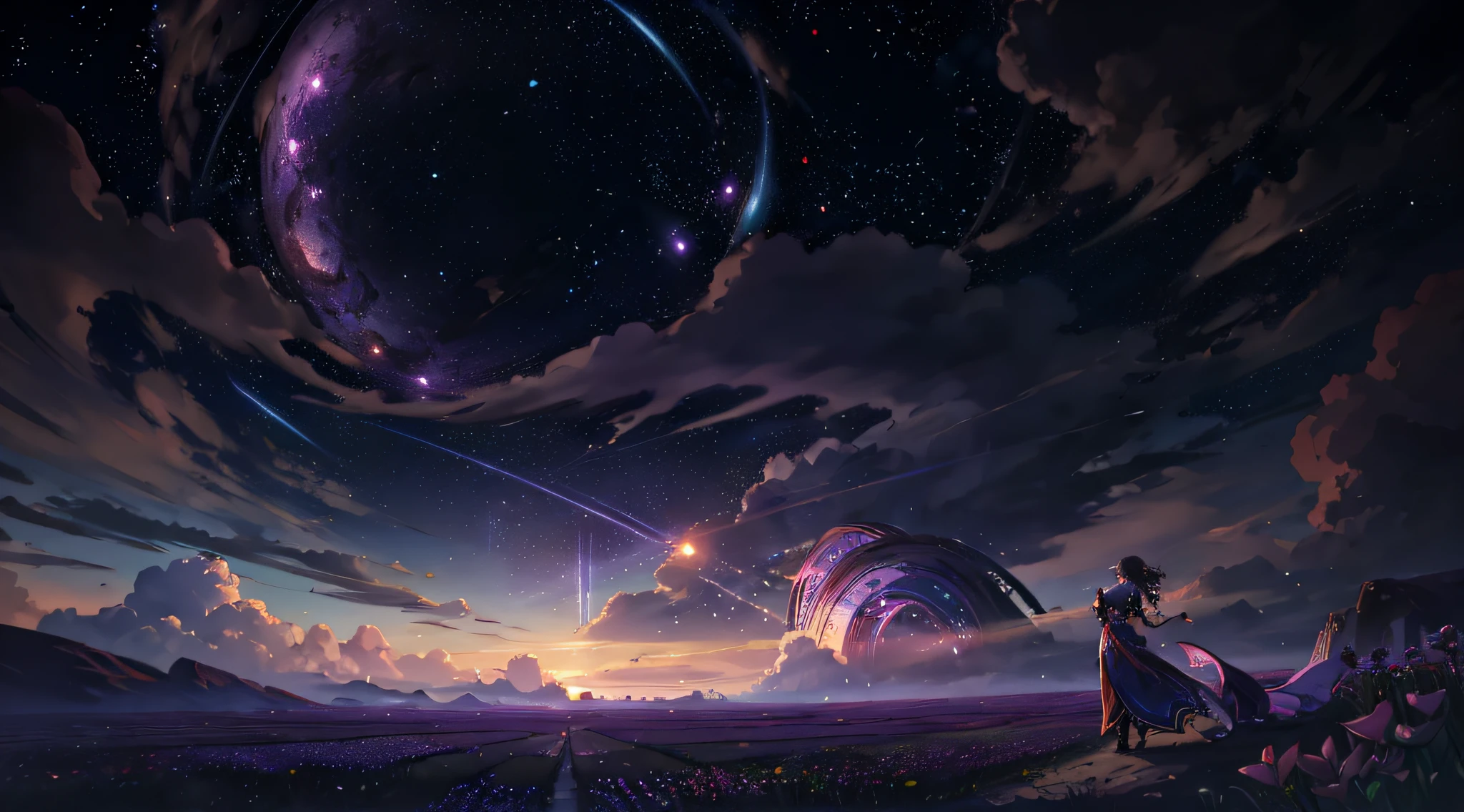 expansive landscape photograph , (a view from below that shows sky above and open field below), a girl standing on flower field looking up, bright sunny day (clouds:1.2), distant mountain, tree BREAK
production art, lot of purple and orange, intricate details, volumetric lighting, realism BREAK
(masterpiece:1.2), detailed shadows, (best quality), 4k, ultra-detailed, (dynamic composition:1.4), highly detailed, colorful details,( iridescent colors:1.2), (glowing lighting, atmospheric lighting), dreamy, magical, (solo:1.2)