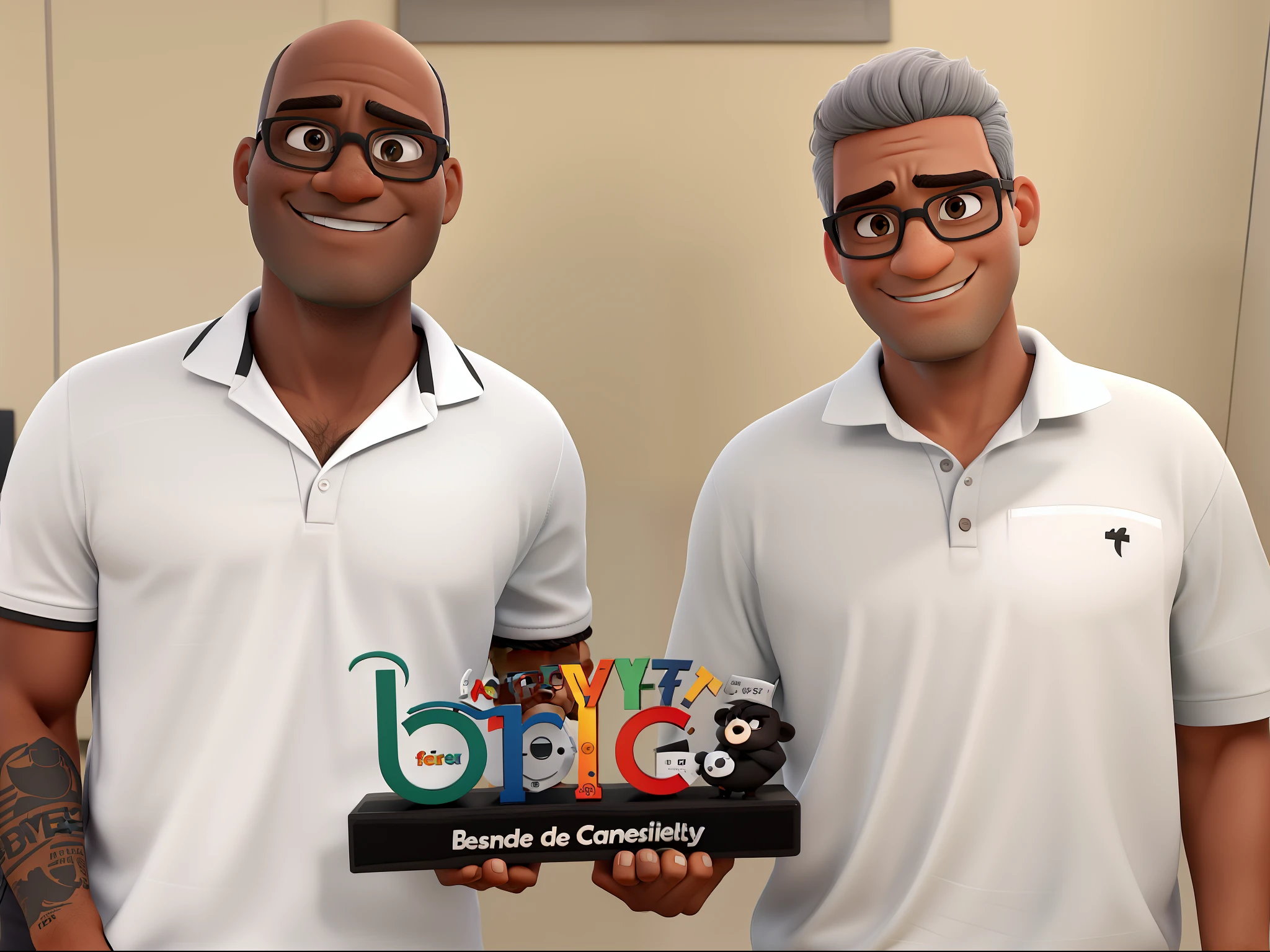 dois homens de meia idade estilo disney pixar, The man on the left is bald with gray hair, He wears rectangular glasses and has dark brown skin, the other on the right has more hair and is gray, wears rectangular glasses, e tem pele branca. Both are seconding an acrylic sign with the name brics on it and underneath it is a phrase in the black bar "Credibility and Trust for Your Brand" com alta qualidade, melhor qualidade
