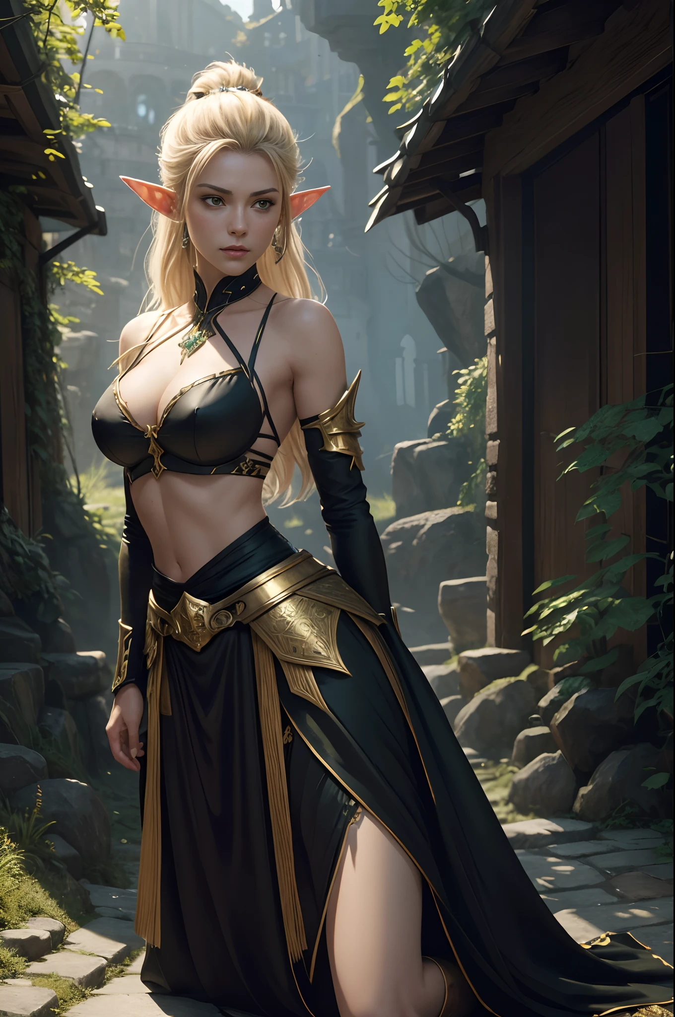 8K,Model Chute Style、(the Extremely Detailed CG Unity 8K Wallpapers)、full-shot body photo of the most beautiful artwork in the world、Elves on all fours、Blonde Mohawk,Green Valley、Sexy chest armor in black and gold.Black skirt,Pearl skin、Diamonds、Medieval architecture、Edbrink、Ateigairan、Studio Ghibli、Jeremy Mann、Greg Munchez、Antonio Moro、Trending on ArtStation、Trending in CGSighbour、 Dense and、Up to detail、Sharp focus、Dramatic and photorealistic painting art by Midjourney and Greg Rutkowski,Sexy costume,large full breasts,Green eyes,