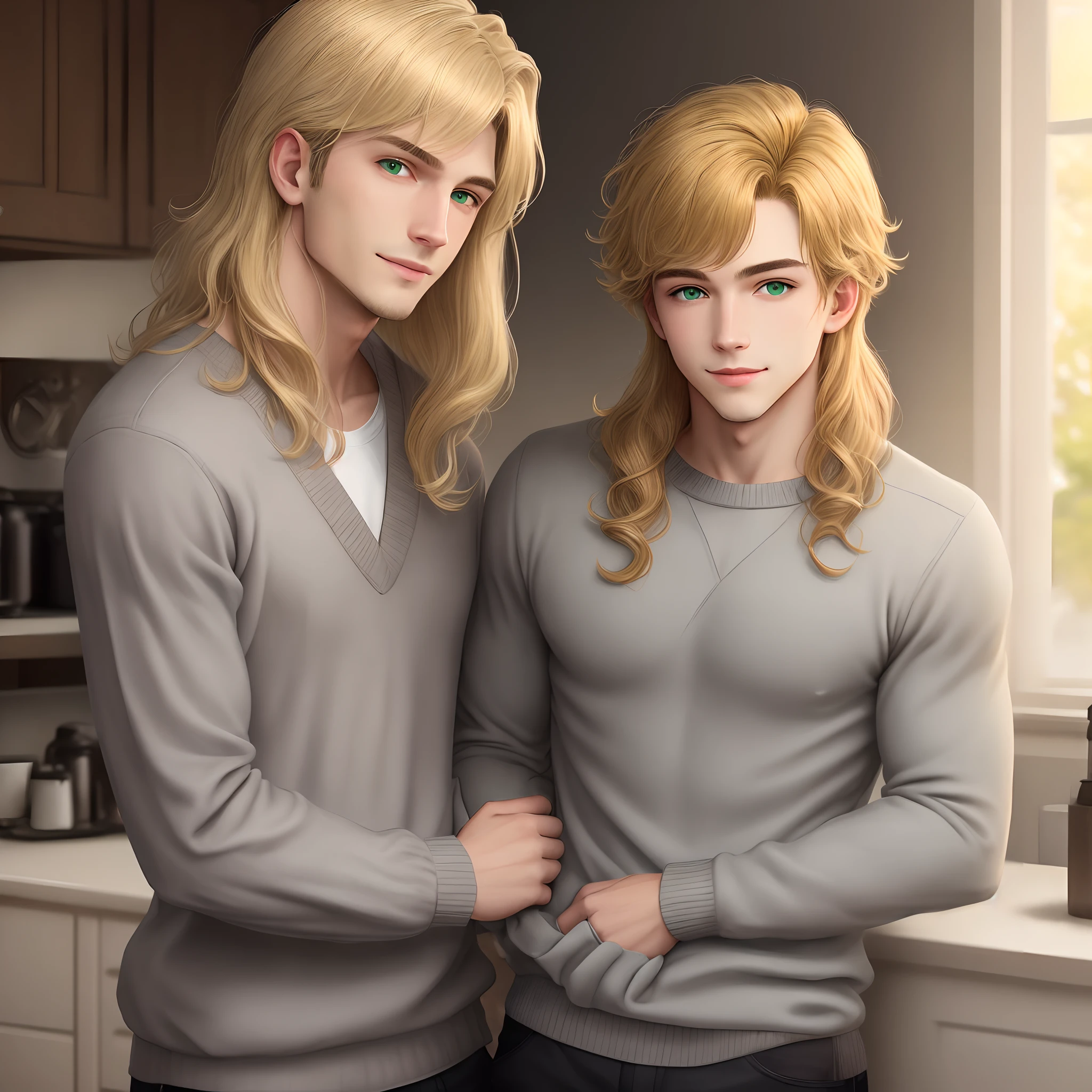 Kinky boy, golden hair, shingle, Green eyes, grey sweater, A slight smile