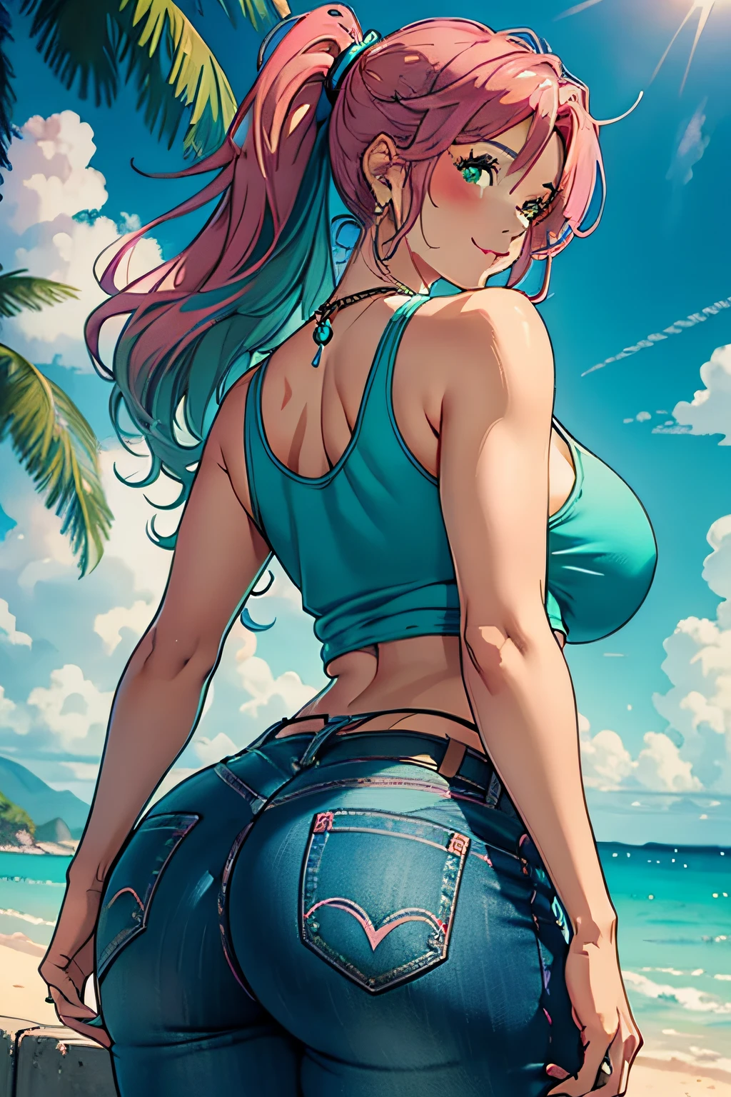 Best quality, solo mature woman, giant breasts, giant ass, very curvy, tanned skin, middle parted hair with curled ends, sea pink eyes, full lips, seductive, sea pink sunglasses, rhinestone beaded singlet, pleated denim skirt, flower earrings, flower necklace, thick thighs, curvy physique