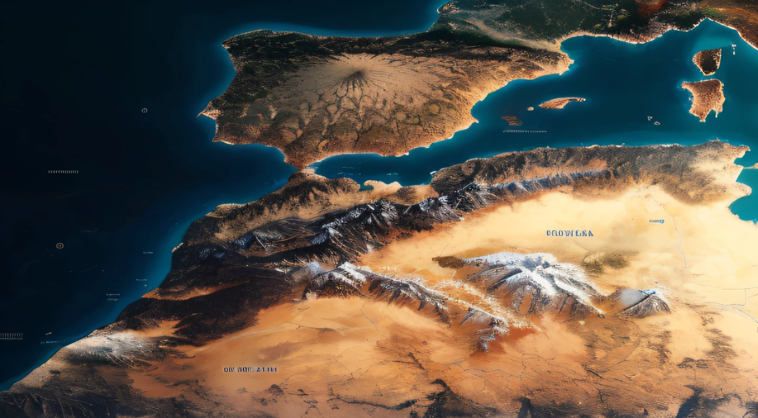 Vista de un mapa del mundo en Oriente Medio, Satellite images, Marruecos, Satellite images, Vista satelital, visto desde el espacio, Visto desde el espacio, Terreno altamente detallado, aerial view of an ancient land, Artstation. Vista desde el espacio, close up images, Un exquisito mapa 3D, Foto desde el espacio, extremely high resolution