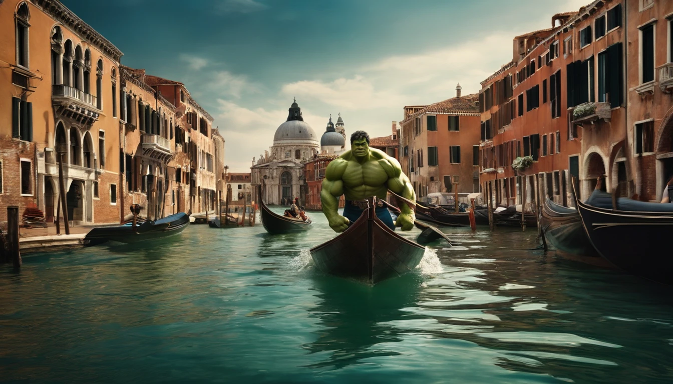 Realistic, Personalidade: [Illustrate a photo of the Hulk and Wonder Woman about to board a gondola in Venice, A huge mechanical sea serpent emerges from the water, piloted by a villain from another dimension. The scene should convey a sense of surprise and imminent danger.] Motor irreal, hiperreal --q 2 --v 5.2 --AR 16:9