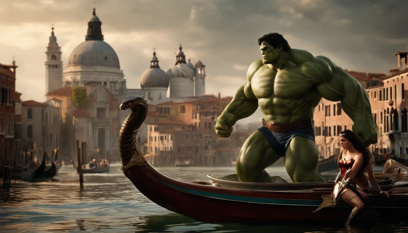 Realistic, Personalidade: [Illustrate a photo of the Hulk and Wonder Woman about to board a gondola in Venice, A huge mechanical sea serpent emerges from the water, piloted by a villain from another dimension. The scene should convey a sense of surprise and imminent danger.] Motor irreal, hiperreal --q 2 --v 5.2 --AR 16:9