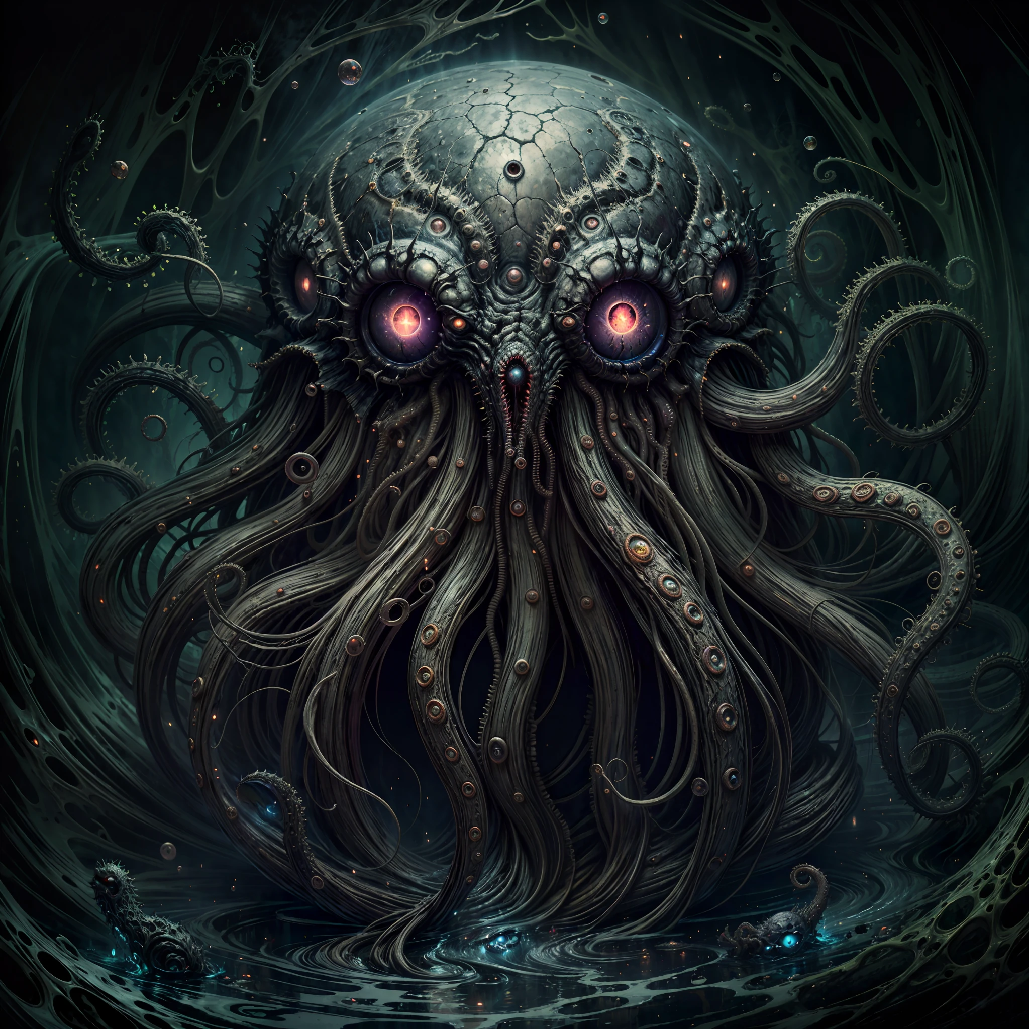 (best quality,4k,8k,highres,masterpiece:1.2),ultra-detailed,(realistic,photorealistic,photo-realistic:1.37),eldritch eye monster,(a floating sphere glowing eye), lots of tentacles, HP.lovecraft style, eerie atmosphere, ancient horror, dark, mysterious, twisted beings, ominous, cosmic horror, otherworldly, surreal, eldritch entities, grotesque, disturbing, inscrutable, tentacle-covered, abyssal depth, macabre, unearthly presence, supernatural, spectral, indescribable horror, haunting, nightmare-inducing, ethereal light, arcane symbols, eldritch essence, eerie glow, monstrous proportions, shifting shadows, eldritch abomination, tentacle tendrils, unknowable secrets, madness-inducing gaze