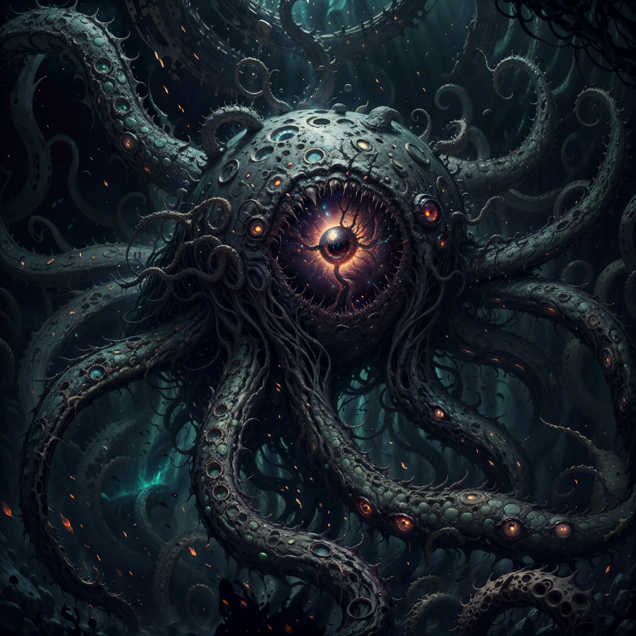 (best quality,4k,8k,highres,masterpiece:1.2),ultra-detailed,(realistic,photorealistic,photo-realistic:1.37),eldritch eye monster,(a floating sphere glowing eye), lots of tentacles, HP.lovecraft style, eerie atmosphere, ancient horror, dark, mysterious, twisted beings, ominous, cosmic horror, otherworldly, surreal, eldritch entities, grotesque, disturbing, inscrutable, tentacle-covered, abyssal depth, macabre, unearthly presence, supernatural, spectral, indescribable horror, haunting, nightmare-inducing, ethereal light, arcane symbols, eldritch essence, eerie glow, monstrous proportions, shifting shadows, eldritch abomination, tentacle tendrils, unknowable secrets, madness-inducing gaze