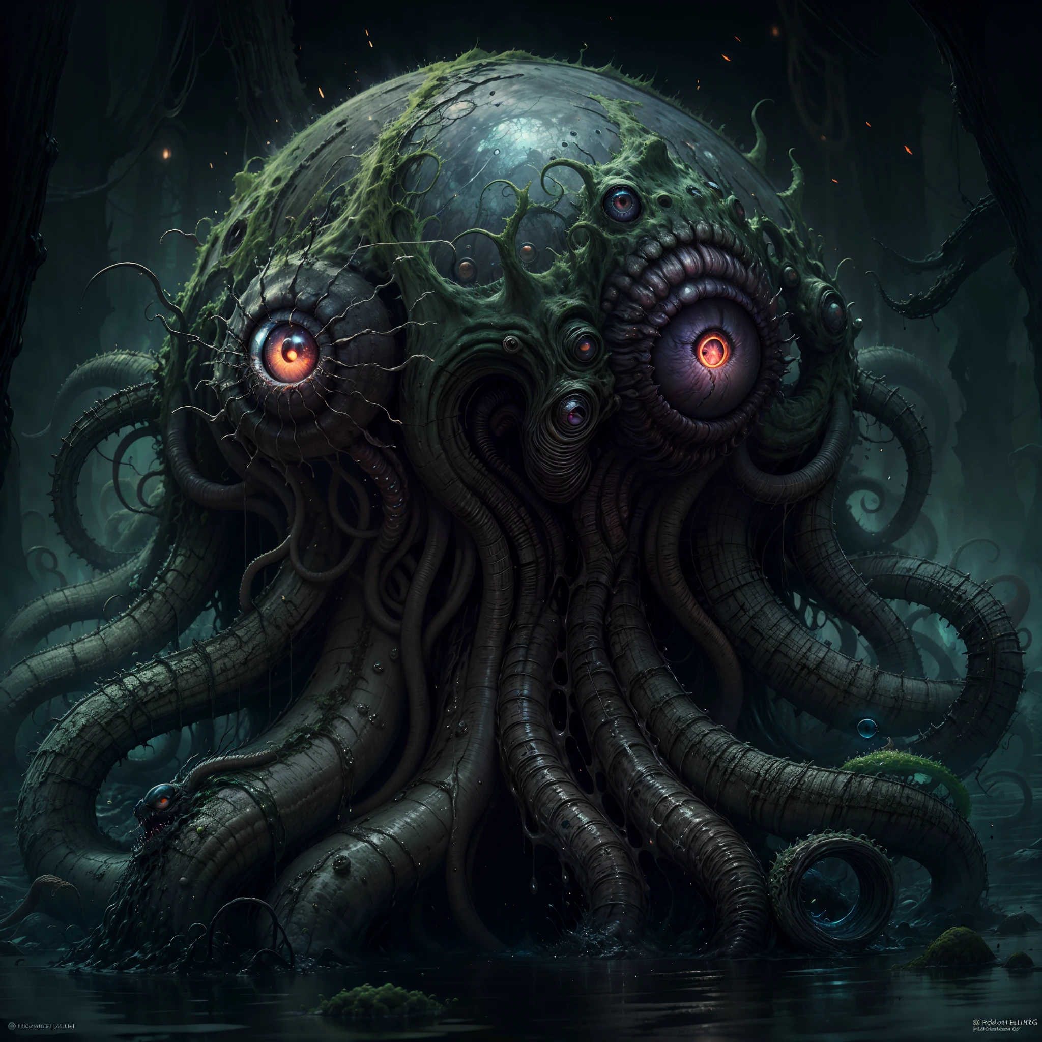 dark swamp dark yellow eldritch monster (skull face) rising out of the water moss slime vines (octopus tentacles:1.2) churning water fireflies midnight moonlight backlight (masterpiece:1.2) (illustration:1.2) (best quality) (detailed) (intricate) (8k) (HDR) (wallpaper) (cinematic lighting) (sharp focus)