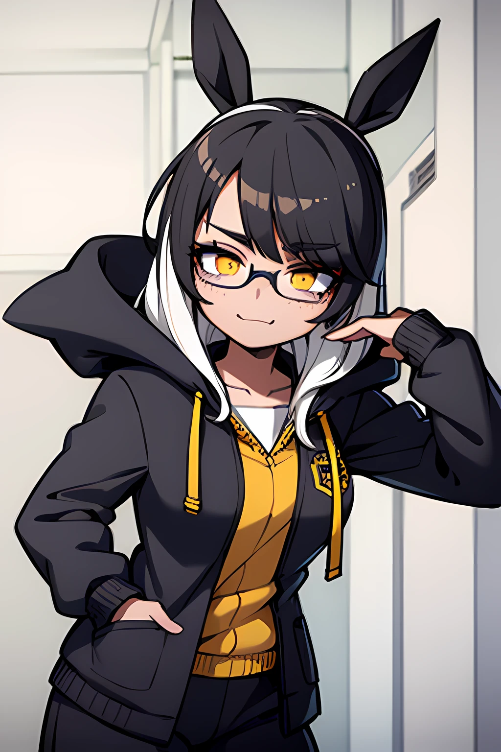 1girl, white ponytail hair with black stripes, yellow down jacket with fluffy hoodie with a student uniform under it, smug, freckles, round glasses, black and white student uniform, classroom,