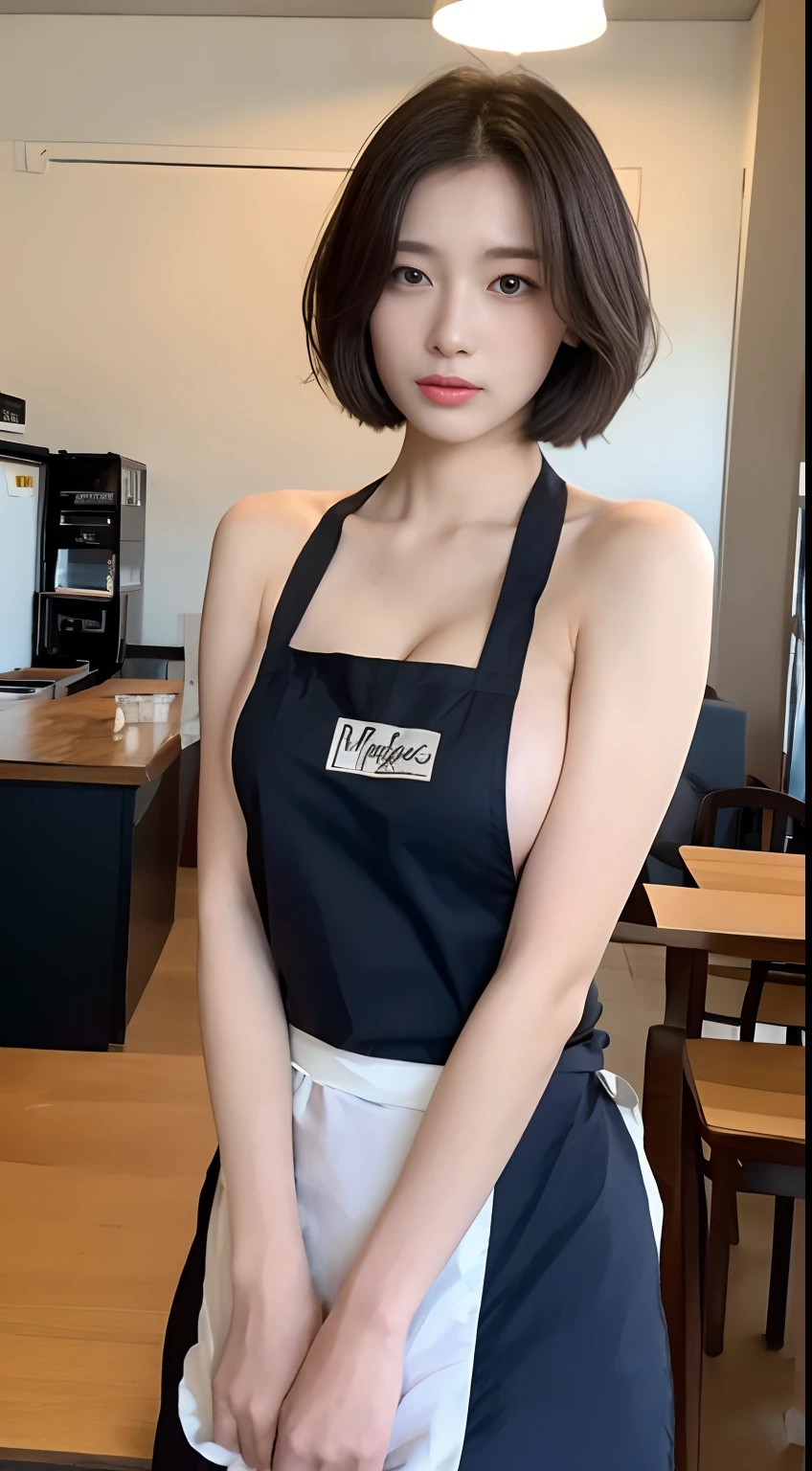 ((top-quality、8k、masterpiece:1.3))、1 beautiful Japan girls、Beautiful woman with slender abs:1.3、(medium short hair、huge tit:1.2)、(Naked apron:1.3)、hyperdetailed face、A detailed eye、二重まぶた、Cafe background、Slouched、Put your hands on your knees、