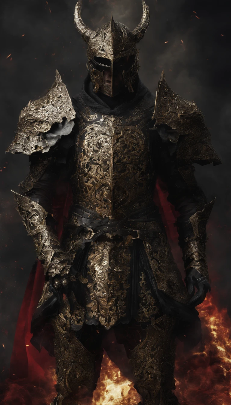 warrior, concept-art, Fantasy art, battleground background, clean render, a horned, Wear a suit of armor, Detailed bushido form smoke, helmet of a forgotten deity, character is standing, 8k Realistic, in game render, detailed face background detail, Art station front page, taur, Pseudo-medieval fantasy, A deity wearing koi armor, detailed bronze armor, Bronze armor, golden etched armor, gold obsidian armor, Light gold armor, Gorgeous filigree armor, A demonic warrior, Gorgeous armor full of thorns, Intricate assasin armor, Intricate metal armor, powerful warrior, Dressed in gorgeous gold armor,Decorated with intricate patterns, The helmet has a large crown and two horns,Glowing red eyes, Everything is in the dark, The smoky background alludes to battle scenes, Add an ominous aura to his character,submission, Full body shot.