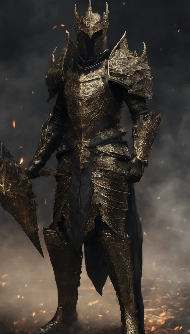 warrior, concept-art,  Fantasy art, battleground background, clean render, a horned, Wear a suit of armor, Detailed bushido form smoke, helmet of a forgotten deity, character is standing, 8k Realistic, in game render, detailed face background detail, Art station front page, taur, Pseudo-medieval fantasy, A deity wearing koi armor, detailed bronze armor, Bronze armor, golden etched armor, gold obsidian armor, Light gold armor, Gorgeous filigree armor, A demonic warrior, Gorgeous armor full of thorns, Intricate assasin armor, Intricate metal armor, powerful warrior, Dressed in gorgeous gold armor，Decorated with intricate patterns, The helmet has a large crown and two horns,Glowing red eyes， Everything is in the dark, The smoky background alludes to battle scenes, Add an ominous aura to his character，submission, Full body shot.