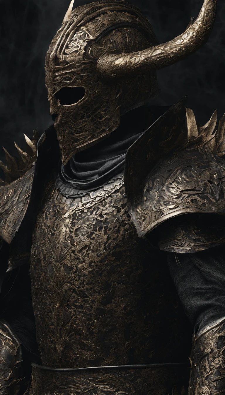warrior, concept-art, Fantasy art, battleground background, clean render, a horned, Wear a suit of armor, Detailed bushido form smoke, helmet of a forgotten deity, character is standing, 8k Realistic, in game render, detailed face background detail, Art station front page, taur, Pseudo-medieval fantasy, A deity wearing koi armor, detailed bronze armor, Bronze armor, golden etched armor, gold obsidian armor, Light gold armor, Gorgeous filigree armor, A demonic warrior, Gorgeous armor full of thorns, Intricate assasin armor, Intricate metal armor, powerful warrior, Dressed in gorgeous gold armor,Decorated with intricate patterns, The helmet has a large crown and two horns,Glowing red eyes, Everything is in the dark, The smoky background alludes to battle scenes, Add an ominous aura to his character,submission, Full body shot.
