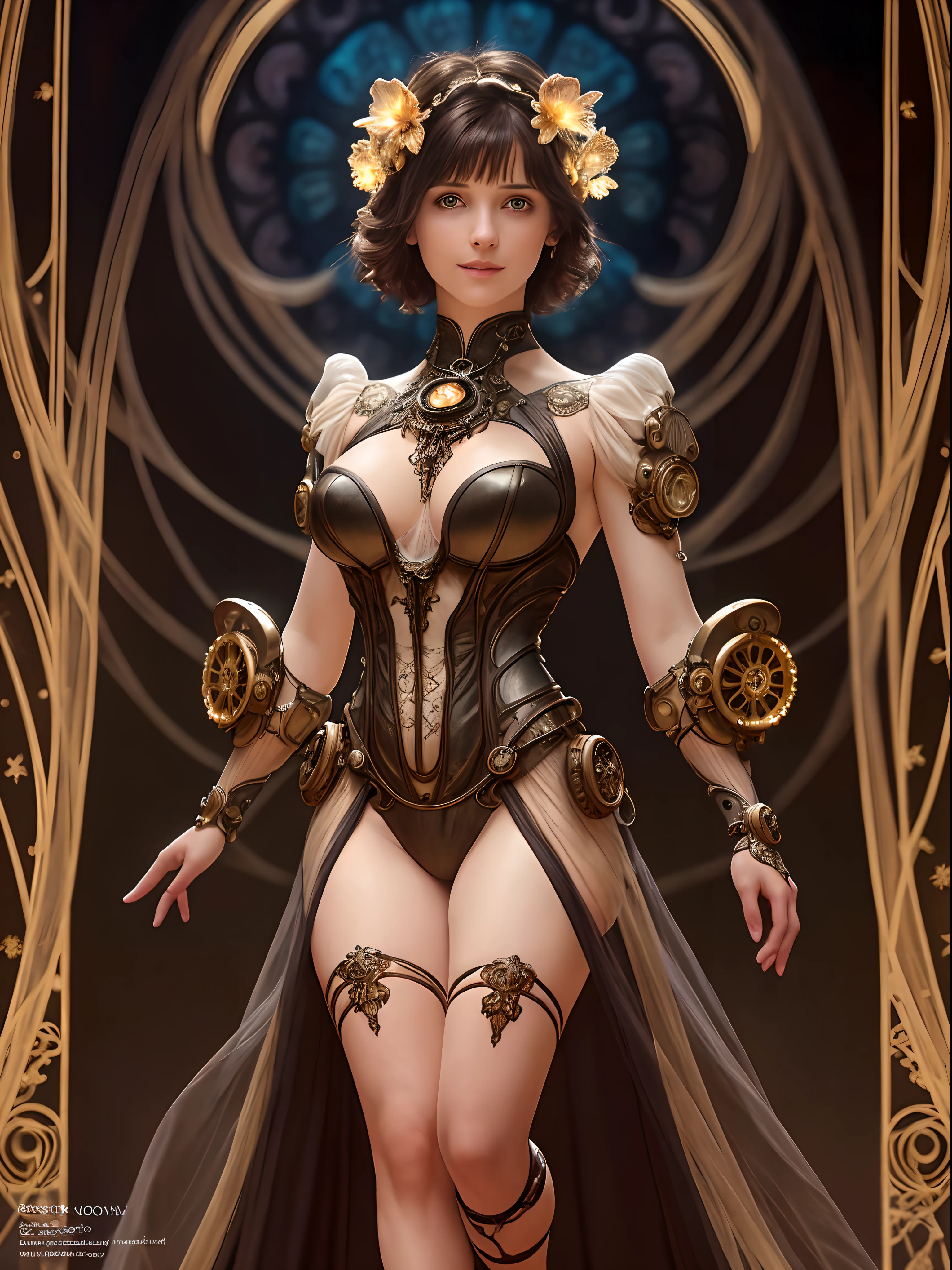 Realistic, photorealistic, cute sexy woman, full body shot, detailed perfect eyes, messy short hair, in short cutting net dress, luminism, 8k resolution, by Alphonse Mucha, by Giger, fractal isometrics details bioluminescence, blurred background with some steampunk elements, professional photograph, intricately detailed, cinematic, Isometric, dark aesthetic, intricate, canon 6d,
