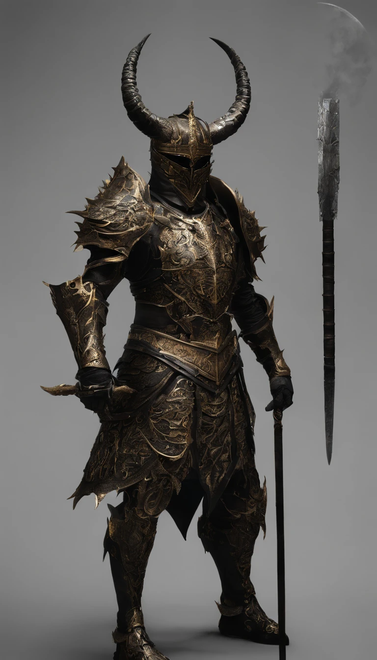 warrior, concept-art, Fantasy art, battleground background, clean render, a horned, Wear a suit of armor, Detailed bushido form smoke, helmet of a forgotten deity, character is standing, 8k Realistic, in game render, detailed face background detail, Art station front page, taur, Pseudo-medieval fantasy, A deity wearing koi armor, detailed bronze armor, Bronze armor, golden etched armor, gold obsidian armor, Light gold armor, Gorgeous filigree armor, A demonic warrior, Gorgeous armor full of thorns, Intricate assasin armor, Intricate metal armor, powerful warrior, Dressed in gorgeous gold armor,Decorated with intricate patterns, The helmet has a large crown and two horns,Glowing red eyes, Everything is in the dark, The smoky background alludes to battle scenes, Add an ominous aura to his character,submission, Full body shot.