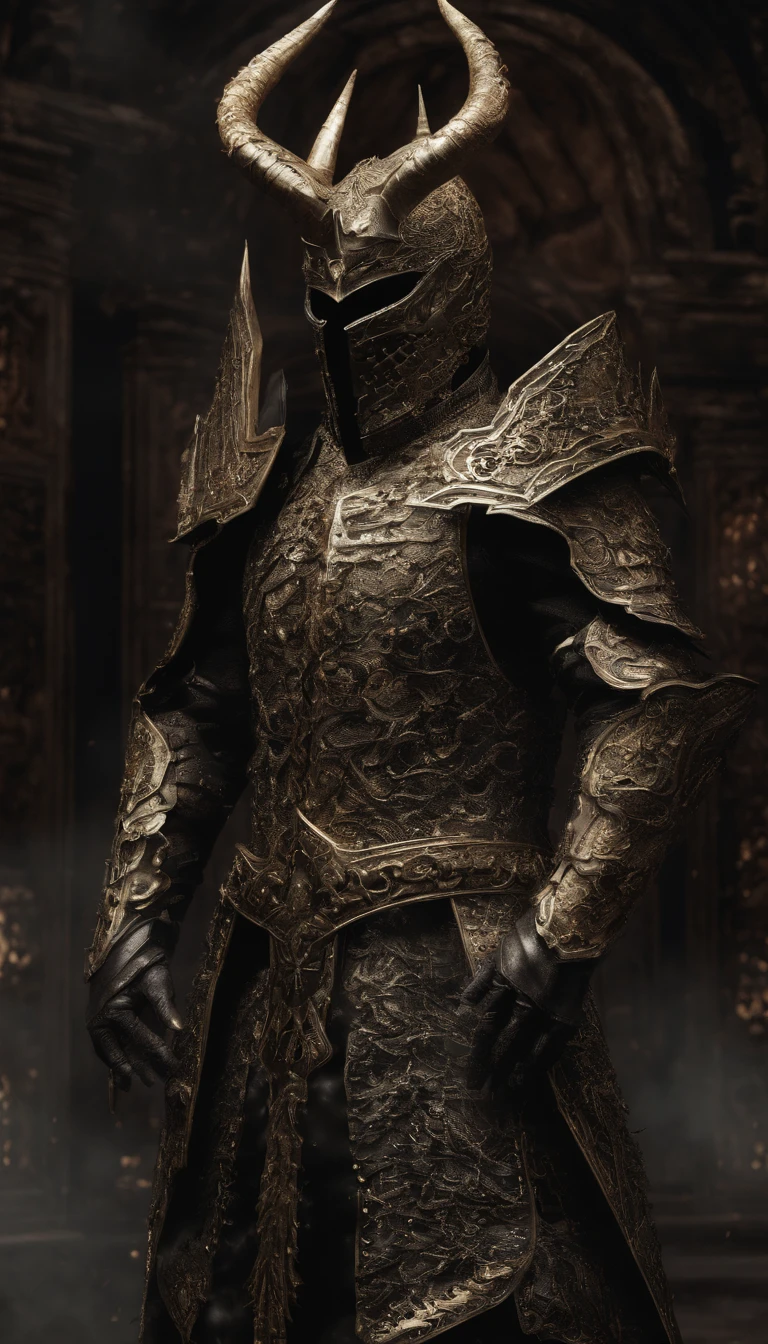warrior, concept-art,  Fantasy art, battleground background, clean render, a horned, Wear a suit of armor, Detailed bushido form smoke, helmet of a forgotten deity, character is standing, 8k Realistic, in game render, detailed face background detail, Art station front page, taur, Pseudo-medieval fantasy, A deity wearing koi armor, detailed bronze armor, Bronze armor, golden etched armor, gold obsidian armor, Light gold armor, Gorgeous filigree armor, A demonic warrior, Gorgeous armor full of thorns, Intricate assasin armor, Intricate metal armor, powerful warrior, Dressed in gorgeous gold armor，Decorated with intricate patterns, The helmet has a large crown and two horns,Glowing red eyes， Everything is in the dark, The smoky background alludes to battle scenes, Add an ominous aura to his character，submission, Full body shot.