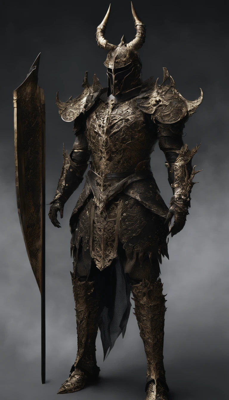 warrior, concept-art, Fantasy art, battleground background, clean render, a horned, Wear a suit of armor, Detailed bushido form smoke, helmet of a forgotten deity, character is standing, 8k Realistic, in game render, detailed face background detail, Art station front page, taur, Pseudo-medieval fantasy, A deity wearing koi armor, detailed bronze armor, Bronze armor, golden etched armor, gold obsidian armor, Light gold armor, Gorgeous filigree armor, A demonic warrior, Gorgeous armor full of thorns, Intricate assasin armor, Intricate metal armor, powerful warrior, Dressed in gorgeous gold armor,Decorated with intricate patterns, The helmet has a large crown and two horns,Glowing red eyes, Everything is in the dark, The smoky background alludes to battle scenes, Add an ominous aura to his character,submission, Full body shot.