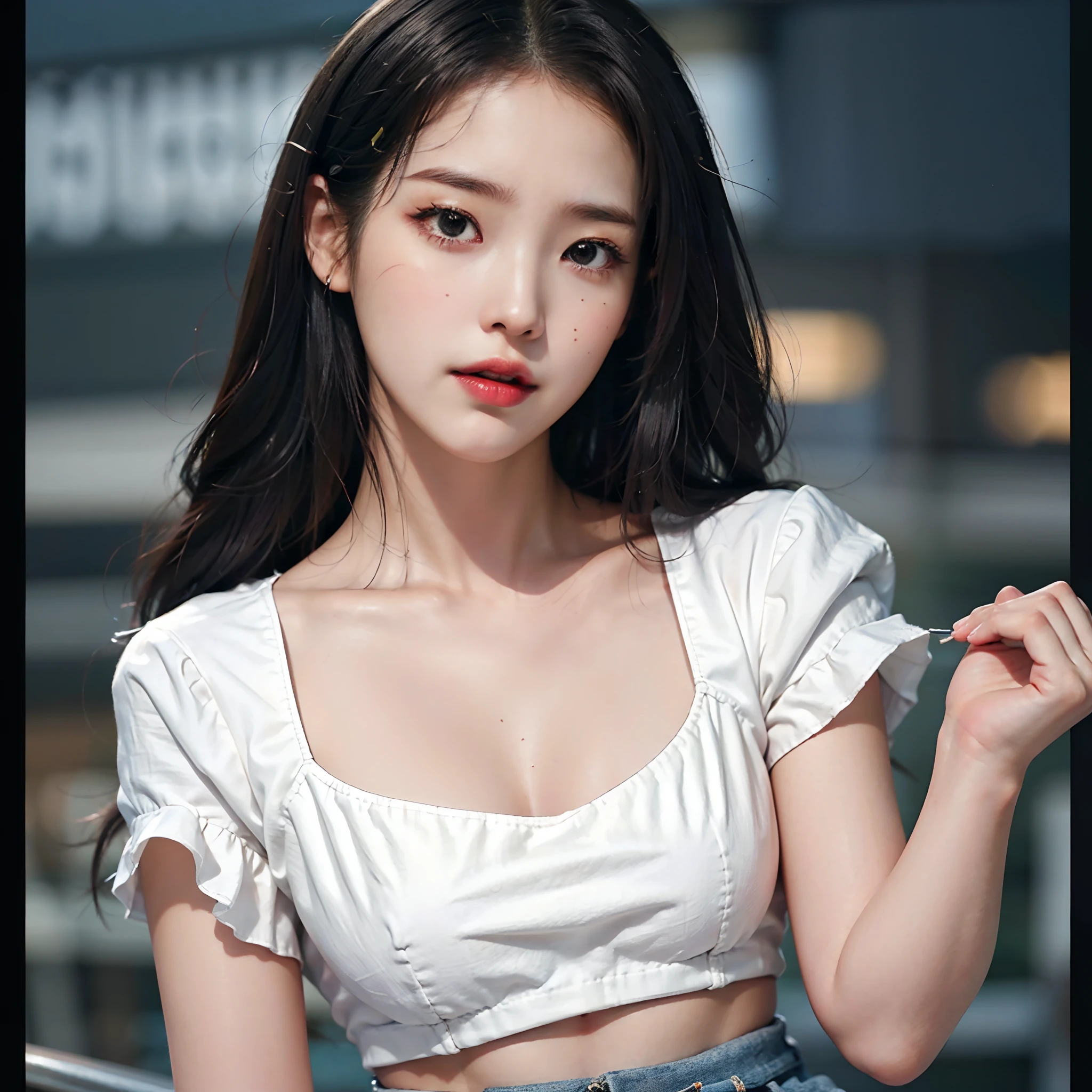 highest quality,woman,Big twin tails,Blunt bangs,Curly Hair,Soft wavy hairstyle,bright、Has a lively expression,Healthy and bright skin tone,Thick lips,From below,whole body,Looking at the camera,Cinema Lighting,Western-style building,Big Breasts,Cinema Lighting,Gothic&Lolita,Idol singer,Stage Costumes,Clothes with a large space on the chest,Super mini skirt