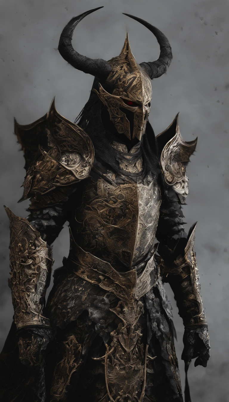 warrior, concept-art,  Fantasy art, battleground background, clean render, a horned, Wear a suit of armor, Detailed bushido form smoke, helmet of a forgotten deity, character is standing, 8k Realistic, in game render, detailed face background detail, Art station front page, taur, Pseudo-medieval fantasy, A deity wearing koi armor, detailed bronze armor, Bronze armor, golden etched armor, gold obsidian armor, Light gold armor, Gorgeous filigree armor, A demonic warrior, Gorgeous armor full of thorns, Intricate assasin armor, Intricate metal armor, powerful warrior, Dressed in gorgeous gold armor，Decorated with intricate patterns, The helmet has a large crown and two horns,Glowing red eyes， Everything is in the dark, The smoky background alludes to battle scenes, Add an ominous aura to his character，submission, Full body shot.