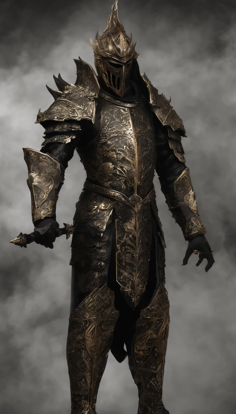 warrior, concept-art, Fantasy art, battleground background, clean render, a horned, Wear a suit of armor, Detailed bushido form smoke, helmet of a forgotten deity, character is standing, 8k Realistic, in game render, detailed face background detail, Art station front page, taur, Pseudo-medieval fantasy, A deity wearing koi armor, detailed bronze armor, Bronze armor, golden etched armor, gold obsidian armor, Light gold armor, Gorgeous filigree armor, A demonic warrior, Gorgeous armor full of thorns, Intricate assasin armor, Intricate metal armor, powerful warrior, Dressed in gorgeous gold armor,Decorated with intricate patterns, The helmet has a large crown and two horns,Glowing red eyes, Everything is in the dark, The smoky background alludes to battle scenes, Add an ominous aura to his character,submission, Full body shot.
