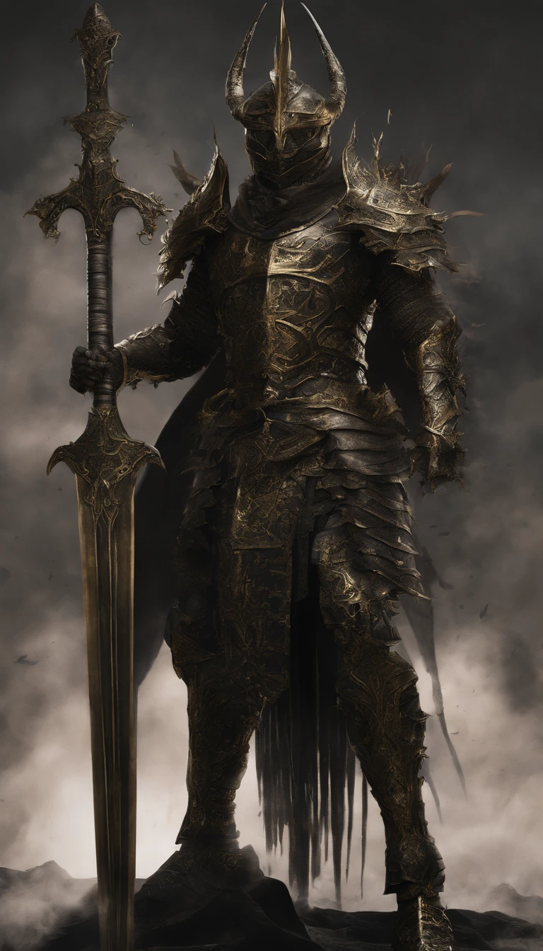 warrior, concept-art, Fantasy art, battleground background, clean render, a horned, Wear a suit of armor, Detailed bushido form smoke, helmet of a forgotten deity, character is standing, 8k Realistic, in game render, detailed face background detail, Art station front page, taur, Pseudo-medieval fantasy, A deity wearing koi armor, detailed bronze armor, Bronze armor, golden etched armor, gold obsidian armor, Light gold armor, Gorgeous filigree armor, A demonic warrior, Gorgeous armor full of thorns, Intricate assasin armor, Intricate metal armor, powerful warrior, Dressed in gorgeous gold armor,Decorated with intricate patterns, The helmet has a large crown and two horns,Glowing red eyes, Everything is in the dark, The smoky background alludes to battle scenes, Add an ominous aura to his character,submission, Full body shot.