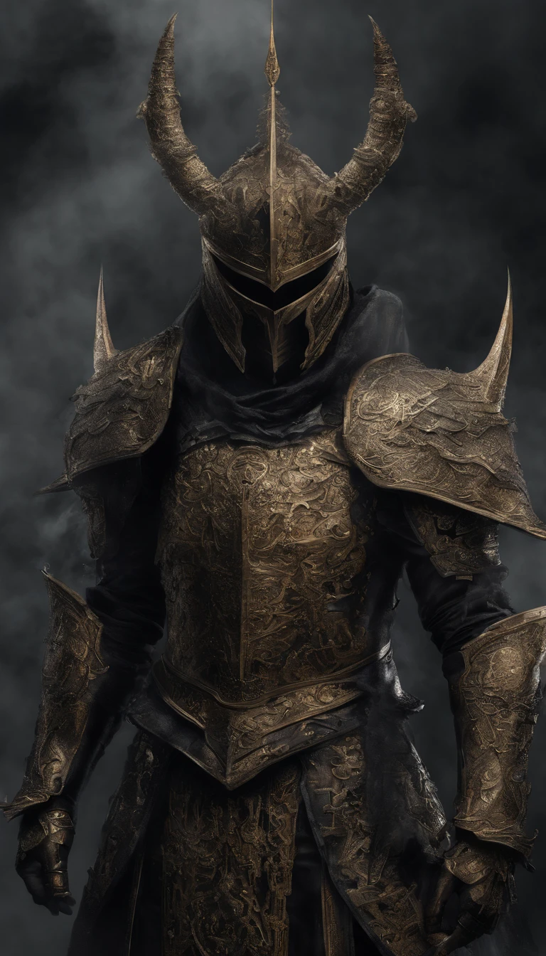 warrior, concept-art,  Fantasy art, battleground background, clean render, a horned, Wear a suit of armor, Detailed bushido form smoke, helmet of a forgotten deity, character is standing, 8k Realistic, in game render, detailed face background detail, Art station front page, taur, Pseudo-medieval fantasy, A deity wearing koi armor, detailed bronze armor, Bronze armor, golden etched armor, gold obsidian armor, Light gold armor, Gorgeous filigree armor, A demonic warrior, Gorgeous armor full of thorns, Intricate assasin armor, Intricate metal armor, powerful warrior, Dressed in gorgeous gold armor，Decorated with intricate patterns, The helmet has a large crown and two horns,Glowing red eyes， Everything is in the dark, The smoky background alludes to battle scenes, Add an ominous aura to his character，submission, Full body shot.