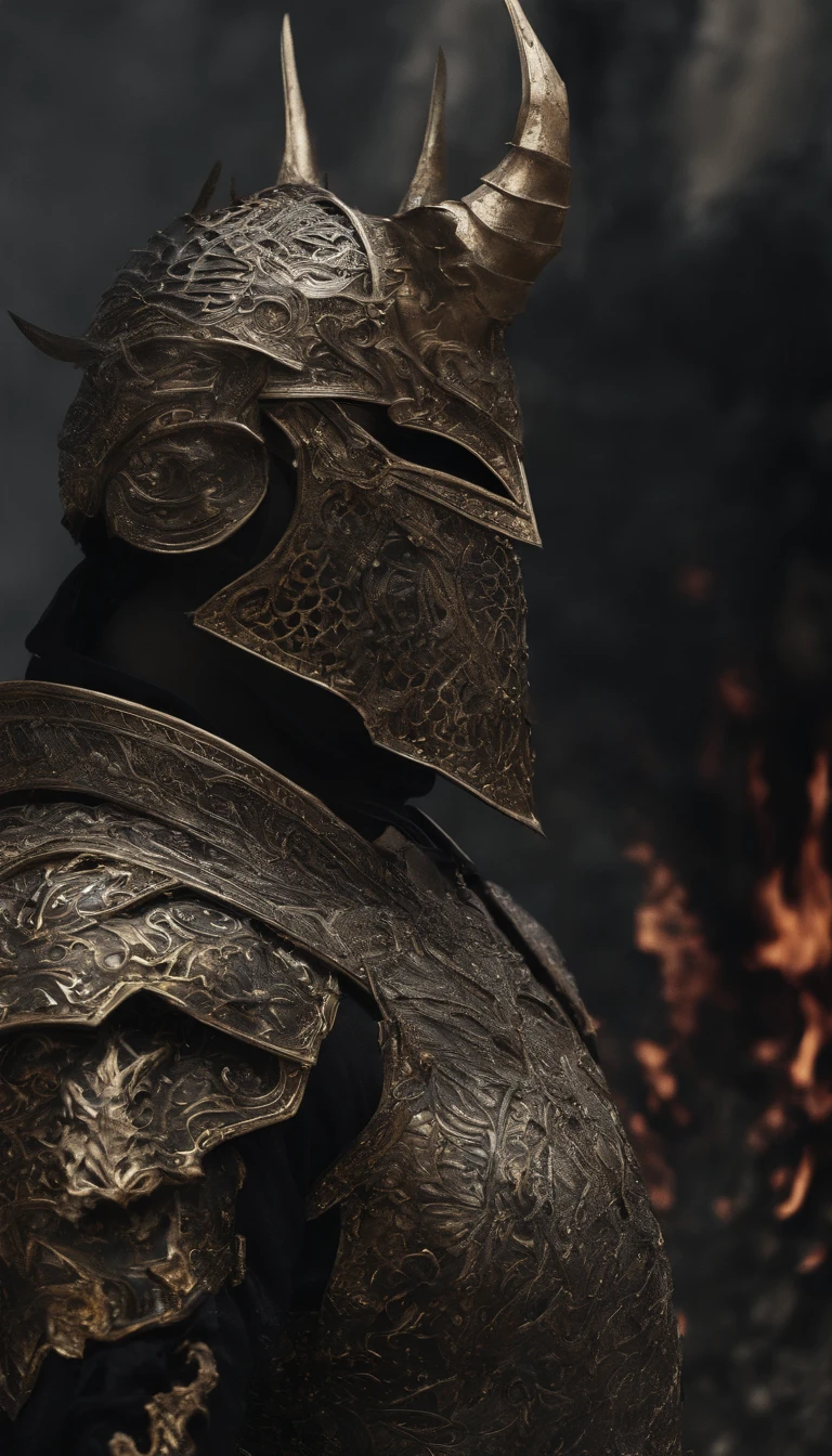 warrior, concept-art, Fantasy art, battleground background, clean render, a horned, Wear a suit of armor, Detailed bushido form smoke, helmet of a forgotten deity, character is standing, 8k Realistic, in game render, detailed face background detail, Art station front page, taur, Pseudo-medieval fantasy, A deity wearing koi armor, detailed bronze armor, Bronze armor, golden etched armor, gold obsidian armor, Light gold armor, Gorgeous filigree armor, A demonic warrior, Gorgeous armor full of thorns, Intricate assasin armor, Intricate metal armor, powerful warrior, Dressed in gorgeous gold armor,Decorated with intricate patterns, The helmet has a large crown and two horns,Glowing red eyes, Everything is in the dark, The smoky background alludes to battle scenes, Add an ominous aura to his character,submission, Full body shot.