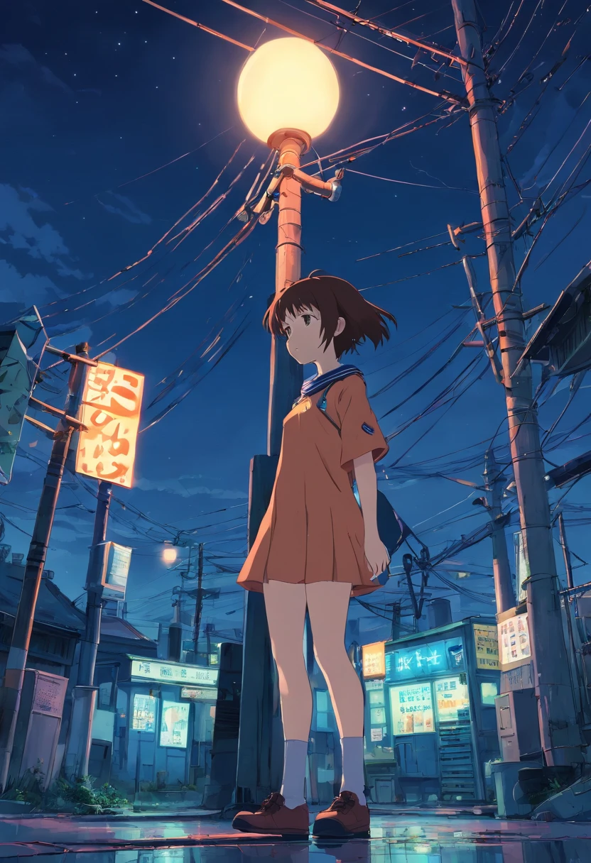 (Serial Experiments Lain),extremely detailed sailor dress, beautifuly color Clothes, beautiful detailed background, Telegraph Pole, night sky background,