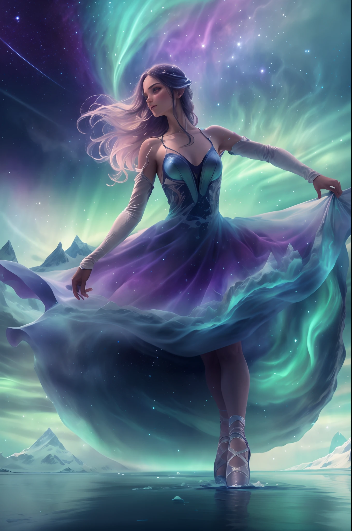 （The back of an actress dancing ballet on an iceberg floating island of the Northern Lights)，（Dancing backs：0.8），Smoked skirts，
Green and purple Northern Lights meteor showers drill in the mountains, Towering icebergs，The earth was covered with snow，An island floating in the sea，Auroras also illuminate the ocean beneath the ice，It animates the entire ocean，Silence and mystery of the landscape:0.7, The beauty of celestial bodies:0.6, Natural phenomena:0.5, Ethereal，dramatic aurora borealis,Filled with swirls and dynamic colored smoke，Ballerina smoky swirl dress，Flowy purple smoky dresses and fast-spinning movements are a source of inspiration, Key elements::conveying a sense of mystery, smooggy，colorful atmosphere.Emphasis on dynamics，minimalistbackground, Monochrome contemplation from an upward perspective，ultraclear