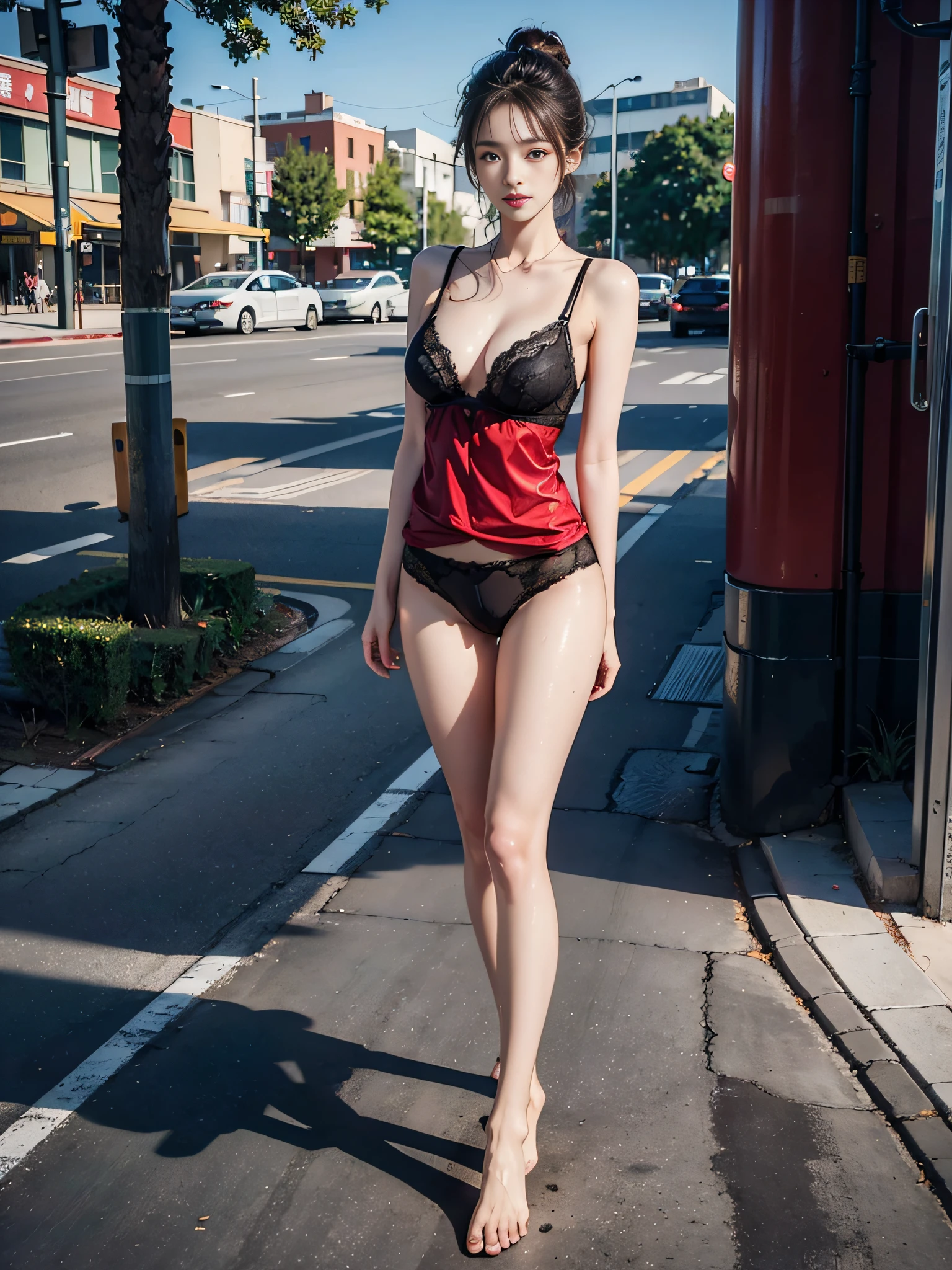 ((tmasterpiece:1.4)、(top-quality:1.4)、(reallistic:1.7))、masuter piece:1.4 ,Deserted squares,The ground is dirty,Abandoned hospitals,with fair skin,Beautiful 19 year old Korean girl, light-blonde hair , Black see-through sexy lingerie exposed ,Black sexy panties retreat to the crotch, body very wet, The legs are slender and slender, The barefoot, She sweats a lot, Sweat a lot on the ground , Sweat was on her ,she is soaking wet(sweat leggs),Hair and clothes were wet, The body of the character/wear cap/leges/The feet are in the lens , Random standing posture