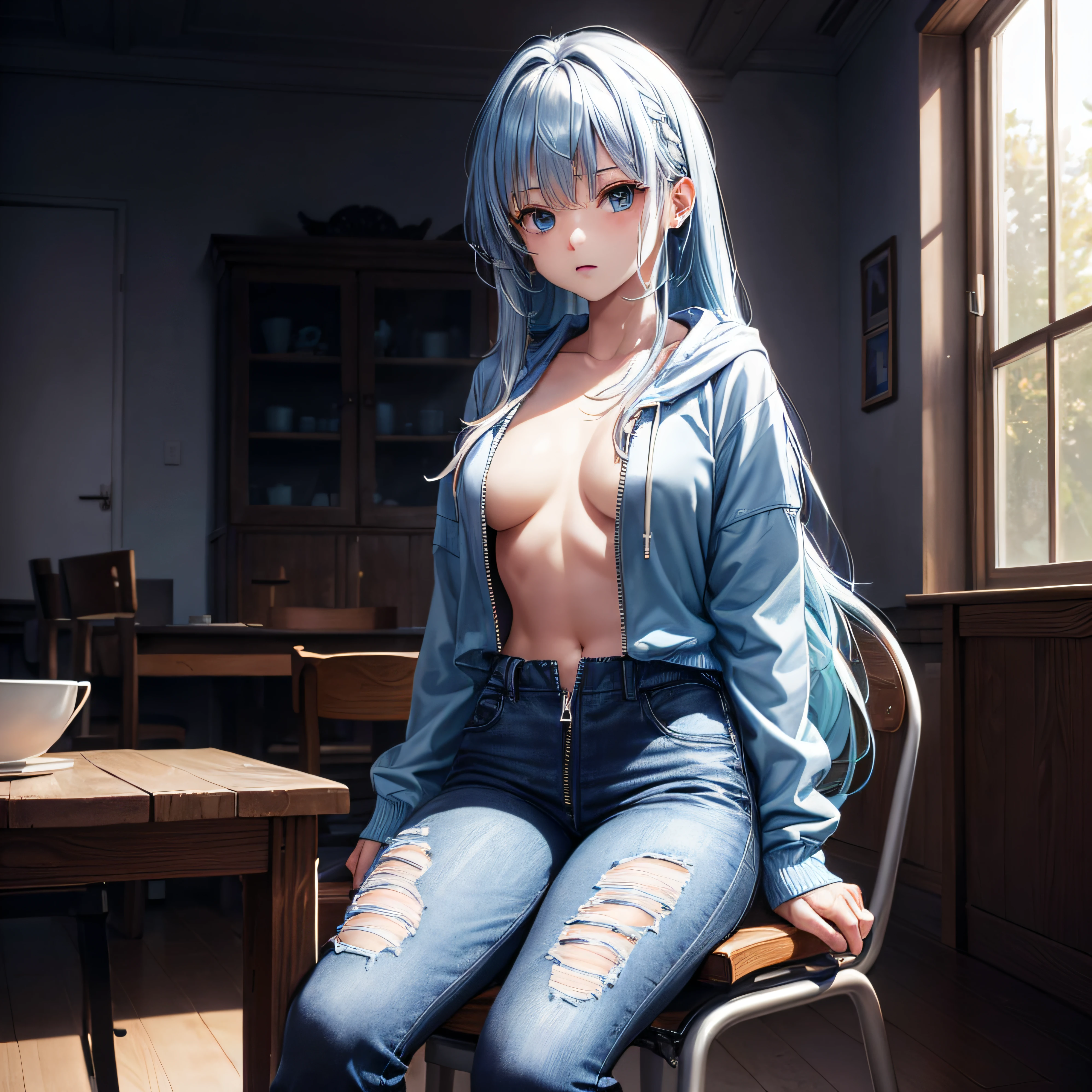 realisitic、top-quality、sit a chair、((One Woman:1.5))、Light blue hair、Very long hair、light bule eyes、inside in room、Medium chest、Blue Zip Up Hoodie、Black jeans、Zipper open、barechested