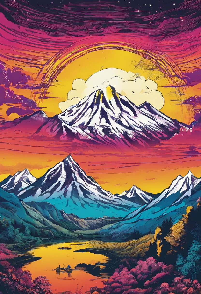 Create a metal album cover that shows towering mountains in the center of the image. El cielo nocturno debe estar lleno de constelaciones brillantes, generando un ambiente oscuro y misterioso. Si es posible, It incorporates a black hole in the background to increase the sense of the unknown and the enigmatic...