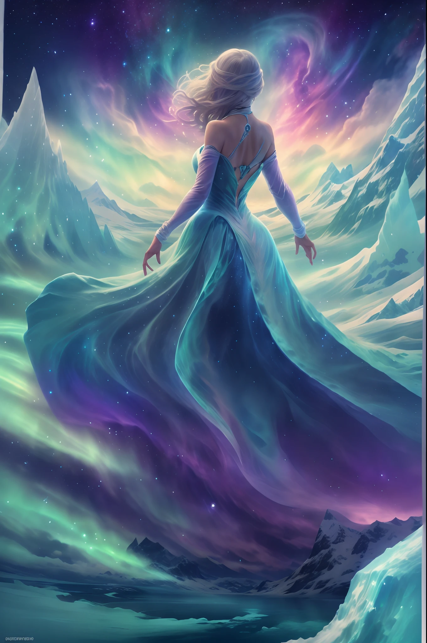 （The back of an actress dancing ballet on an iceberg floating island of the Northern Lights)，（Dancing backs：0.8），Smoked skirt，Fluttering hair， (Beautiful silhouette：1.0）
Green and purple Northern Lights meteor showers drill in the mountains, Towering icebergs，The earth was covered with snow，An island floating in the sea，Auroras also illuminate the ocean beneath the ice，It animates the entire ocean，The silence and mystery of the landscape:0.7, The beauty of celestial bodies:0.6, Natural phenomena:0.5, Ethereal，dramatic aurora borealis,，Ballerina smoky swirl dress，Flowy purple smoky dresses and fast-spinning movements are a source of inspiration, Key elements::conveying a sense of mystery, smooggy，Emphasis on dynamics，minimalistbackground, （From an upward point of view），ultraclear，Epic graphics