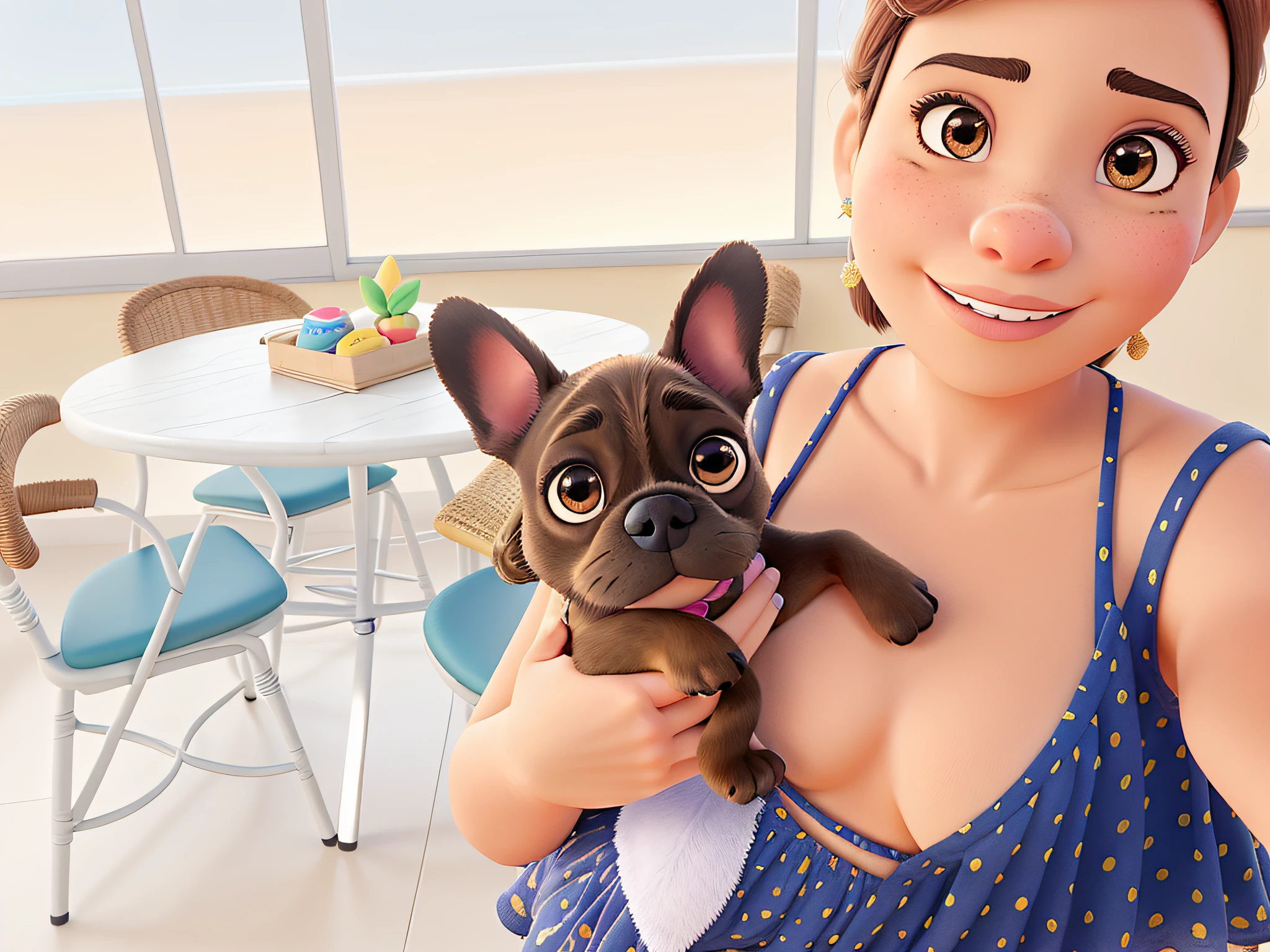 Uma mulher morena linda, with your French Bulldog, estilo pixar diney em alta qualidade
