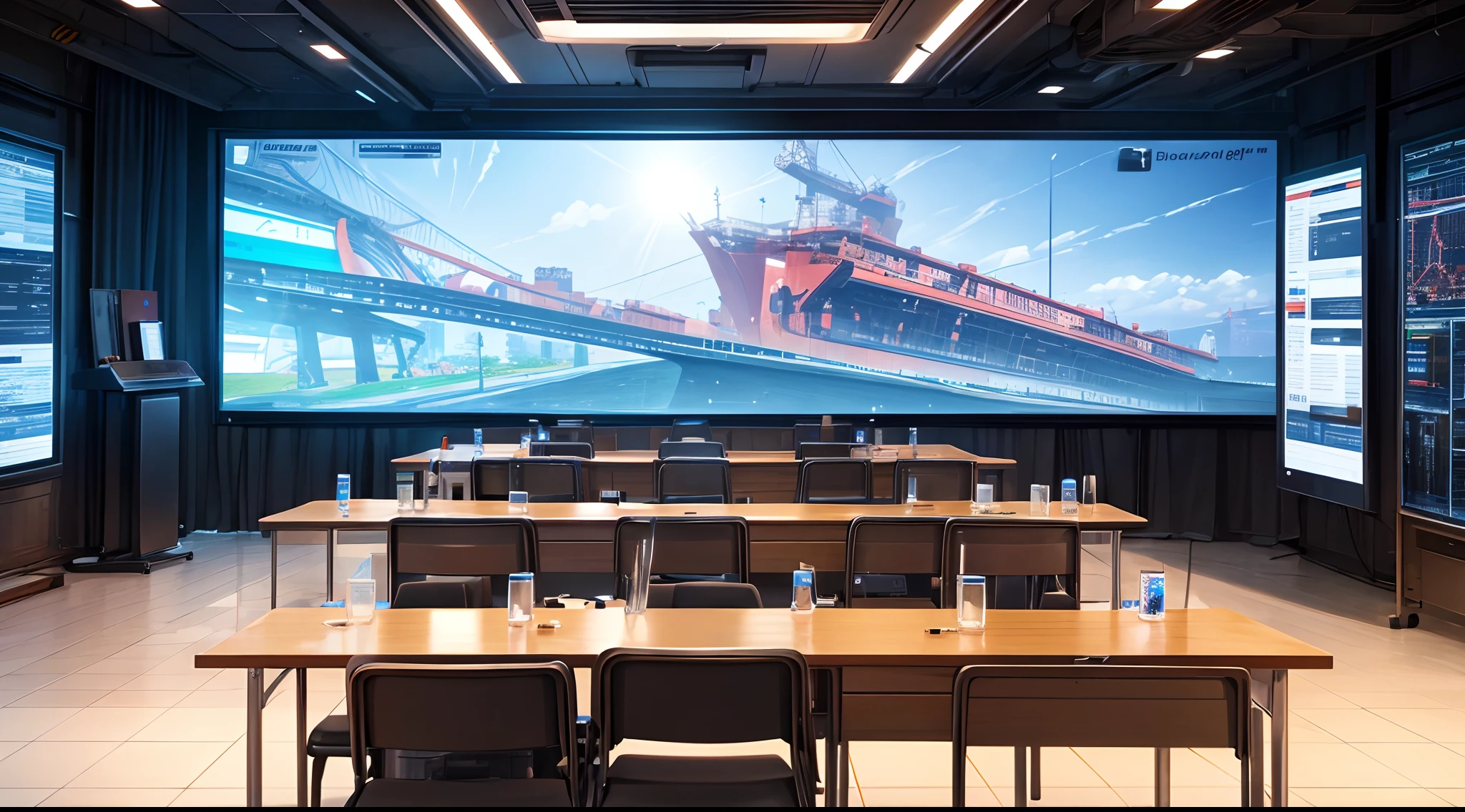 Industry conferences，Industry brain experts and entrepreneurs discuss innovative solutions，The meeting room is spacious and bright，Complex data charts are displayed on tall projection screens，Multi-person close-up,8K,high definition resolution