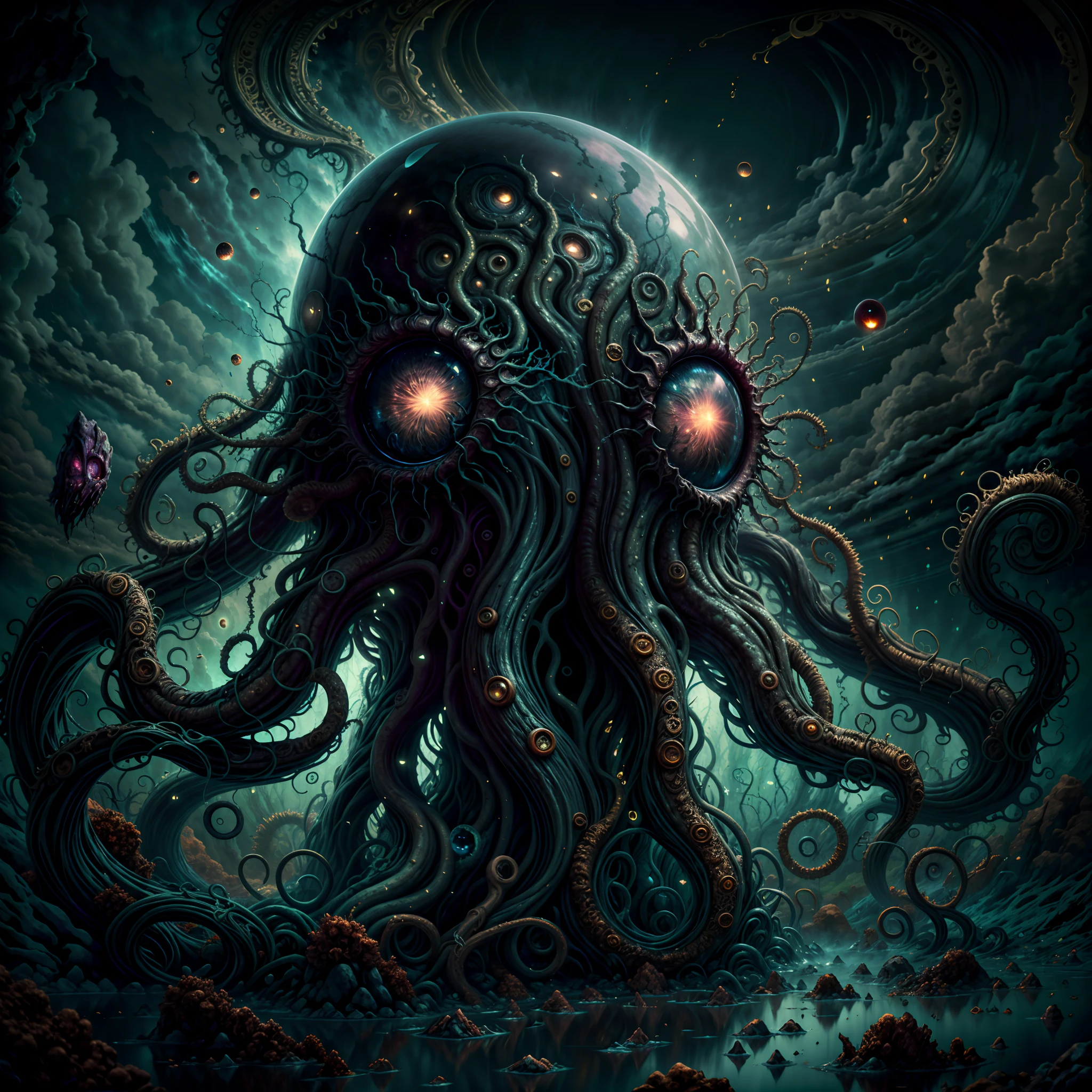 (best quality,4k,8k,highres,masterpiece:1.2),ultra-detailed,(realistic,photorealistic,photo-realistic:1.37),eldritch eye monster,(a floating sphere glowing eye), lots of tentacles, HP.lovecraft style, eerie atmosphere, ancient horror, dark, mysterious, twisted beings, ominous, cosmic horror, otherworldly, surreal, eldritch entities, grotesque, disturbing, inscrutable, tentacle-covered, abyssal depth, macabre, unearthly presence, supernatural, spectral, indescribable horror, haunting, nightmare-inducing, ethereal light, arcane symbols, eldritch essence, eerie glow, monstrous proportions, shifting shadows, eldritch abomination, tentacle tendrils, unknowable secrets, madness-inducing gaze