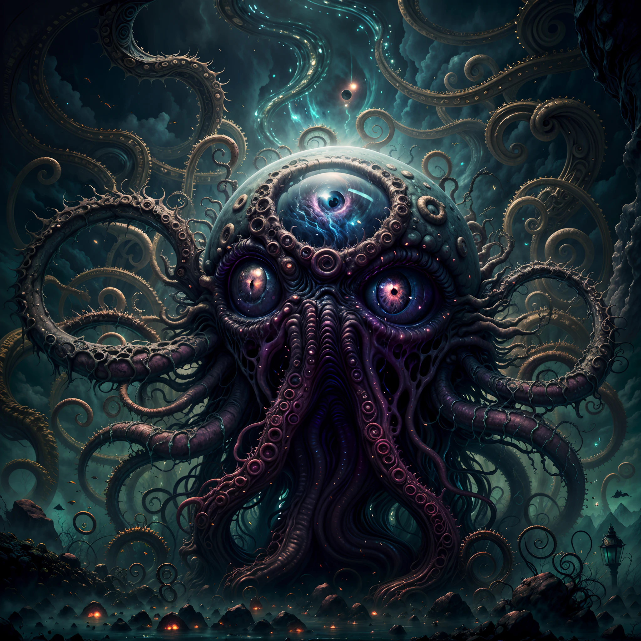 (best quality,4k,8k,highres,masterpiece:1.2),ultra-detailed,(realistic,photorealistic,photo-realistic:1.37),eldritch eye monster,(a floating sphere glowing eye), lots of tentacles, HP.lovecraft style, eerie atmosphere, ancient horror, dark, mysterious, twisted beings, ominous, cosmic horror, otherworldly, surreal, eldritch entities, grotesque, disturbing, inscrutable, tentacle-covered, abyssal depth, macabre, unearthly presence, supernatural, spectral, indescribable horror, haunting, nightmare-inducing, ethereal light, arcane symbols, eldritch essence, eerie glow, monstrous proportions, shifting shadows, eldritch abomination, tentacle tendrils, unknowable secrets, madness-inducing gaze