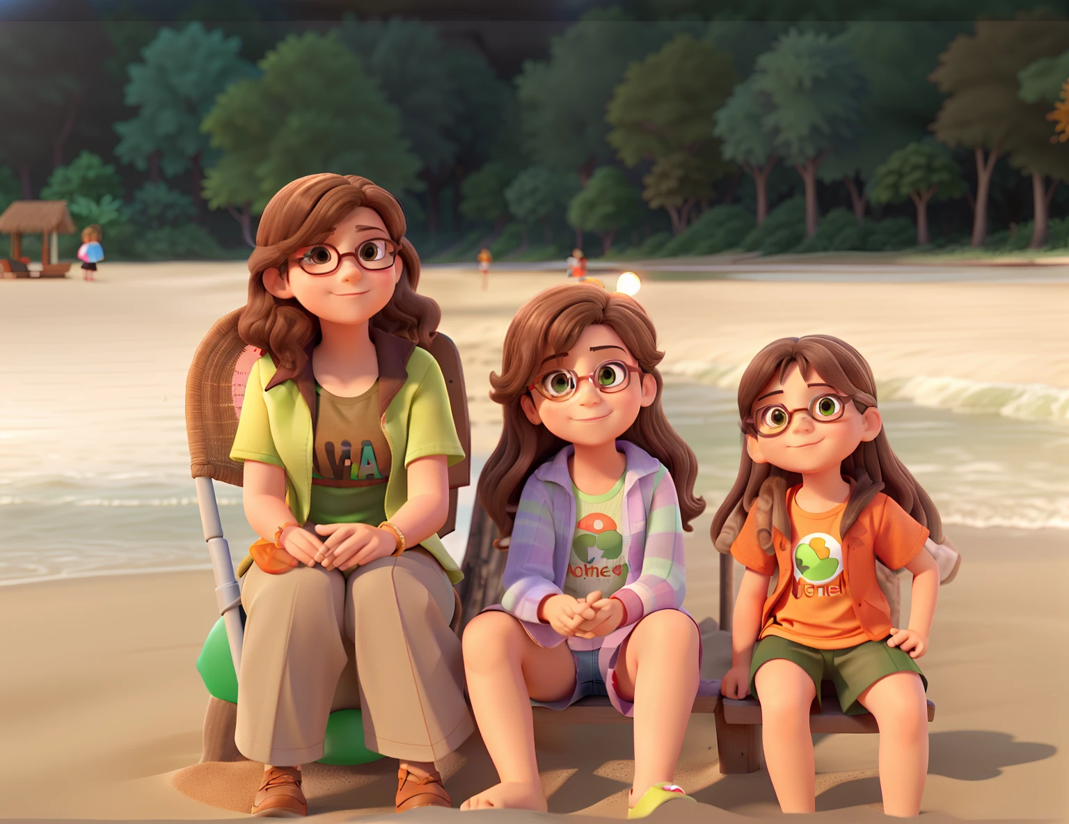 A wise woman with light brown hair with sunglasses dressed in green, A  girl with light brown hair dressed in a colorful swimsuit, A child with light brown hair wearing glasses dressed in an orange t-shirt, Sitting on the sand of the beach in front of there are some trees, com a luz do sol