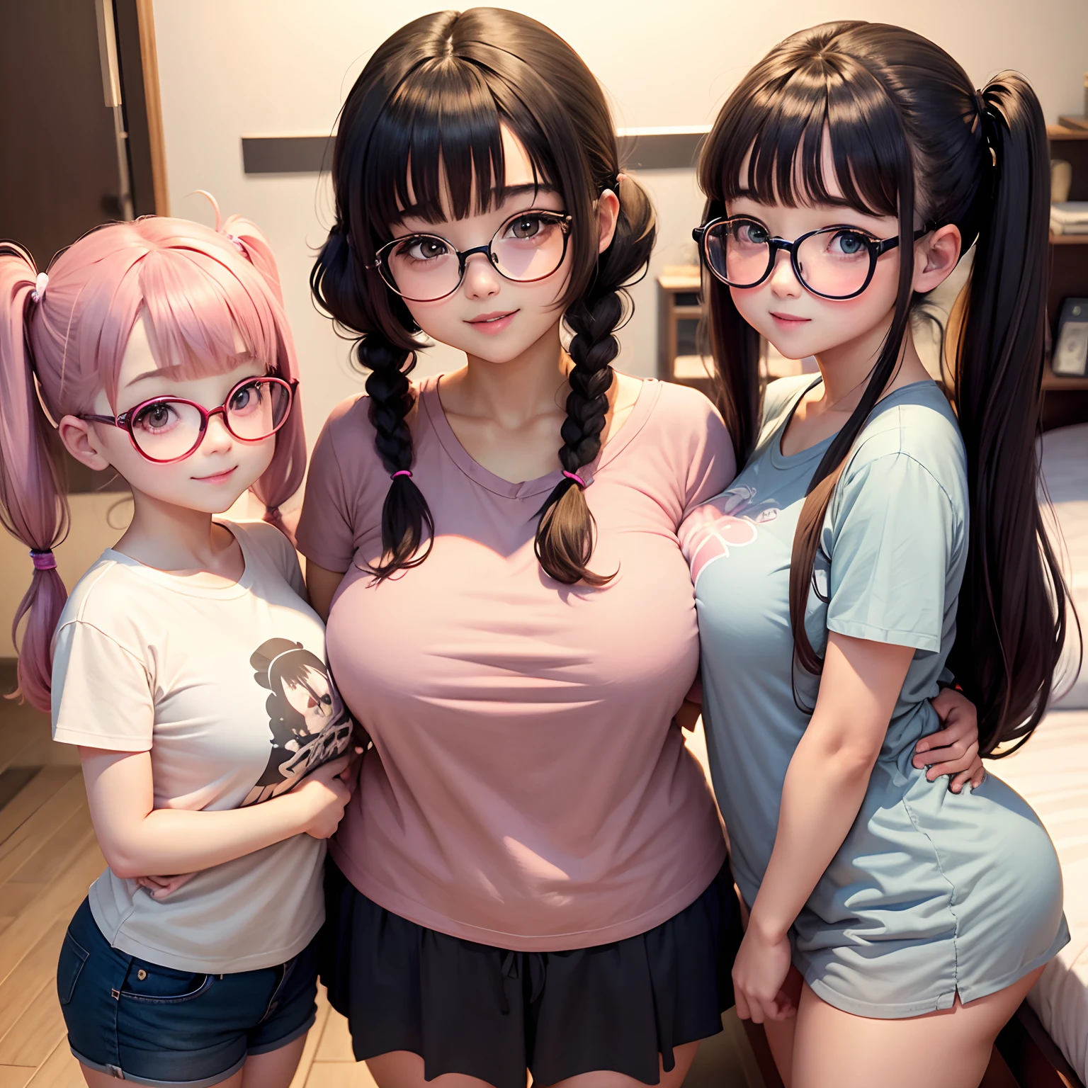 Young Face　Round glasses　Farbe々Hairstyle　Three Girls，Twin-tailed，Pigtails，，Bangs are aligned，Slightly chubby，tender，flexible，Short stature，Kuikomi Shirt，a bed，Smiling，The room is bright，Colossal tits，Brown hair，sitting on，childish，Shirt that is white and with a skirt