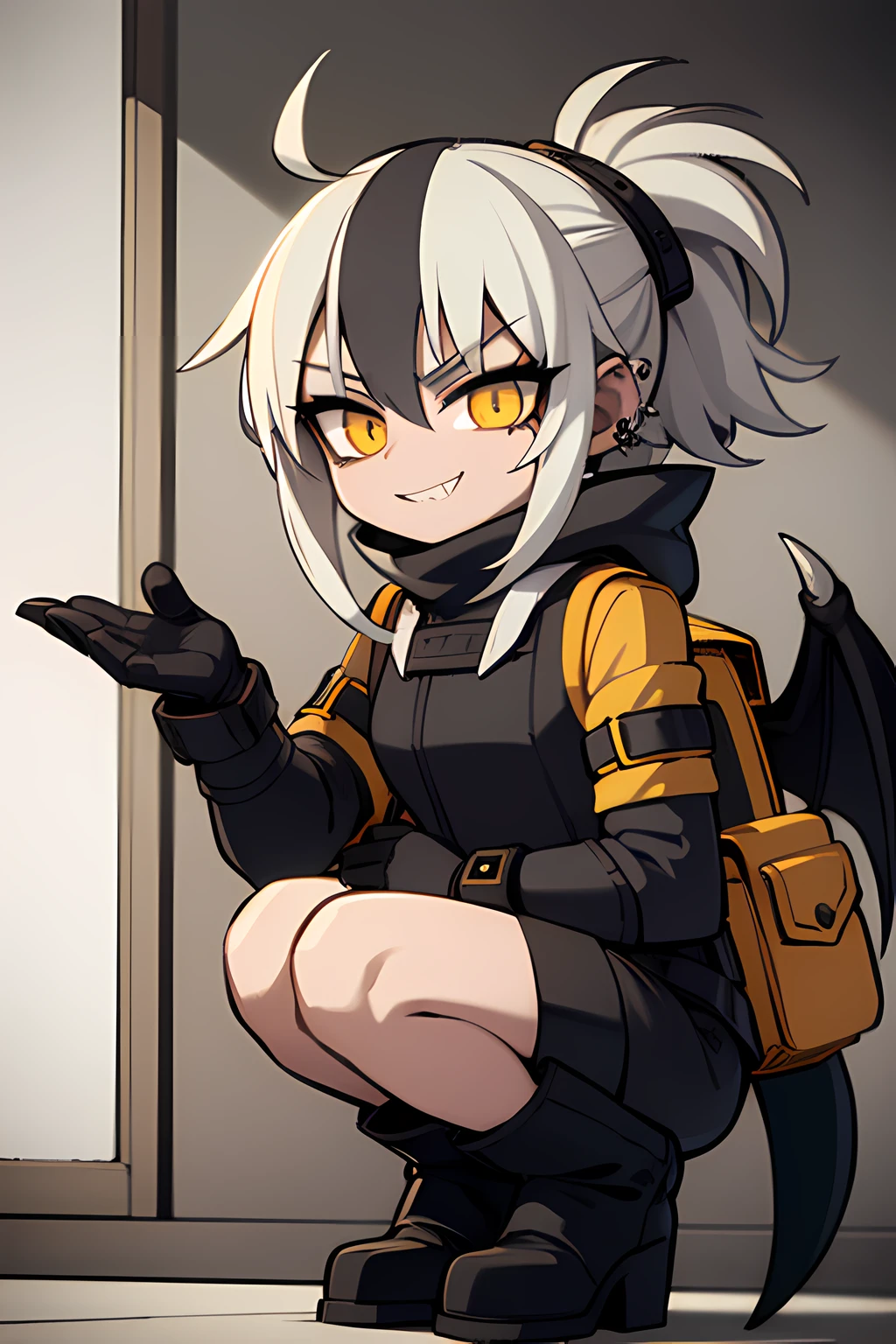 1girl,, light yellow hair, eyes covered by hair, grey shark beanie, dark green down jacket with white furry hood, big black boots, sharp teeth, smug, big black backpack, small bat wings with piercings, wasteland