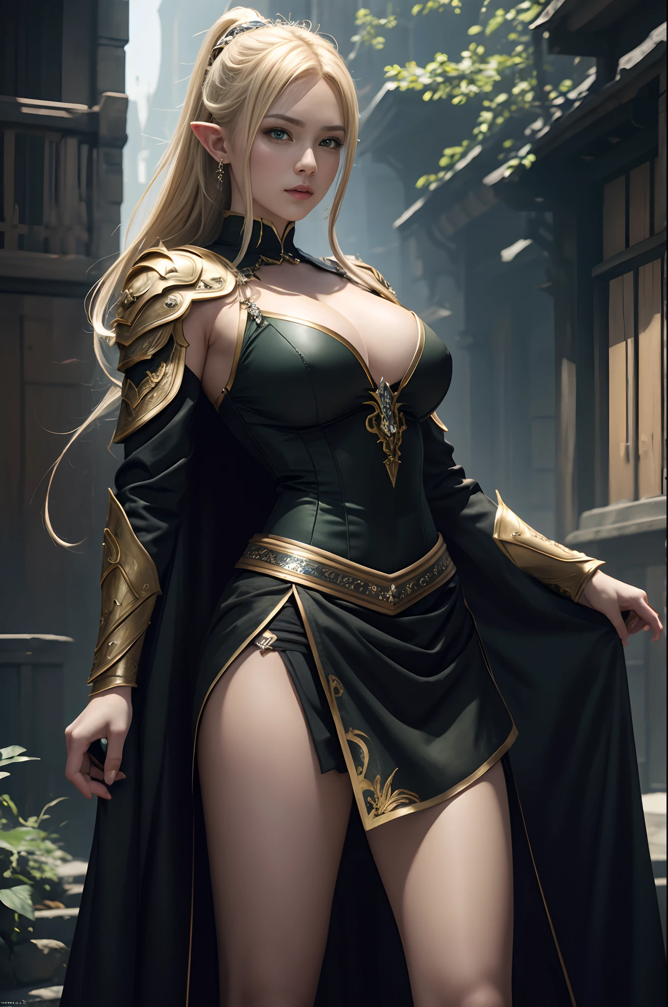 8K,Model Chute Style、(the Extremely Detailed CG Unity 8K Wallpapers)、full-shot body photo of the most beautiful artwork in the world、elvish、Blonde Mohawk,Green Valley、White and gold sexy chest armor.Green skirt,Pearl skin、Diamonds、Medieval architecture、Edbrink、Ateigairan、Studio Ghibli、Jeremy Mann、Greg Munchez、Antonio Moro、Trending on ArtStation、Trending in CGSighbour、 Dense and、Up to detail、Sharp focus、Dramatic and photorealistic painting art by Midjourney and Greg Rutkowski,Sexy costume,large full breasts,Green eyes,