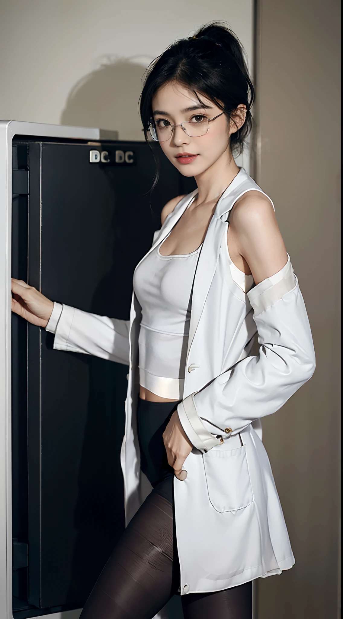 ((Small underboob)), (shoulder-length straight short hair: 1.1),(black hair:1.5),Upper body, （Extremely meticulous CG 8k wallpaper），（Extremely refined and beautiful），（Masterpiece），（best qualtiy：1.0），（Ultra High Resolution：1.0），beautiful light up，Perfect lightning，realistic shaded，[A high resolution]，Smooth and flawless fair skin，Extremely exquisite facial details，（perfect body：1.1），ultra - detailed,A beautiful girl，small head,(Small breasts:1.1)，Flat chests，slim，thin，Smile，cheerfulness,(doctor's white coat:1.7),(tank top and pantyhose:1.4),autumn,Morning,A female doctor,(short ponytail:1.1),wearing glasses,Medical mask,In a dilapidated hospital，In the office,(Standing by a steel safe:1.5),Close Shot,(a lot of money in the steel safe:1.5),cowboy shot,Portrait above chest level