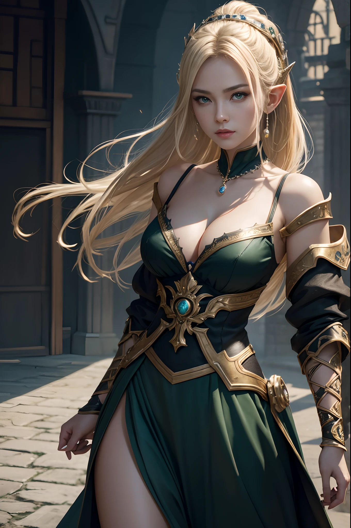 8K,Model Chute Style、(the Extremely Detailed CG Unity 8K Wallpapers)、full-shot body photo of the most beautiful artwork in the world、elvish、Blonde Mohawk,Green Valley、White and gold sexy chest armor.Green skirt,Pearl skin、Diamonds、Medieval architecture、Edbrink、Ateigairan、Studio Ghibli、Jeremy Mann、Greg Munchez、Antonio Moro、Trending on ArtStation、Trending in CGSighbour、 Dense and、Up to detail、Sharp focus、Dramatic and photorealistic painting art by Midjourney and Greg Rutkowski,Sexy costume,large full breasts,Green eyes,