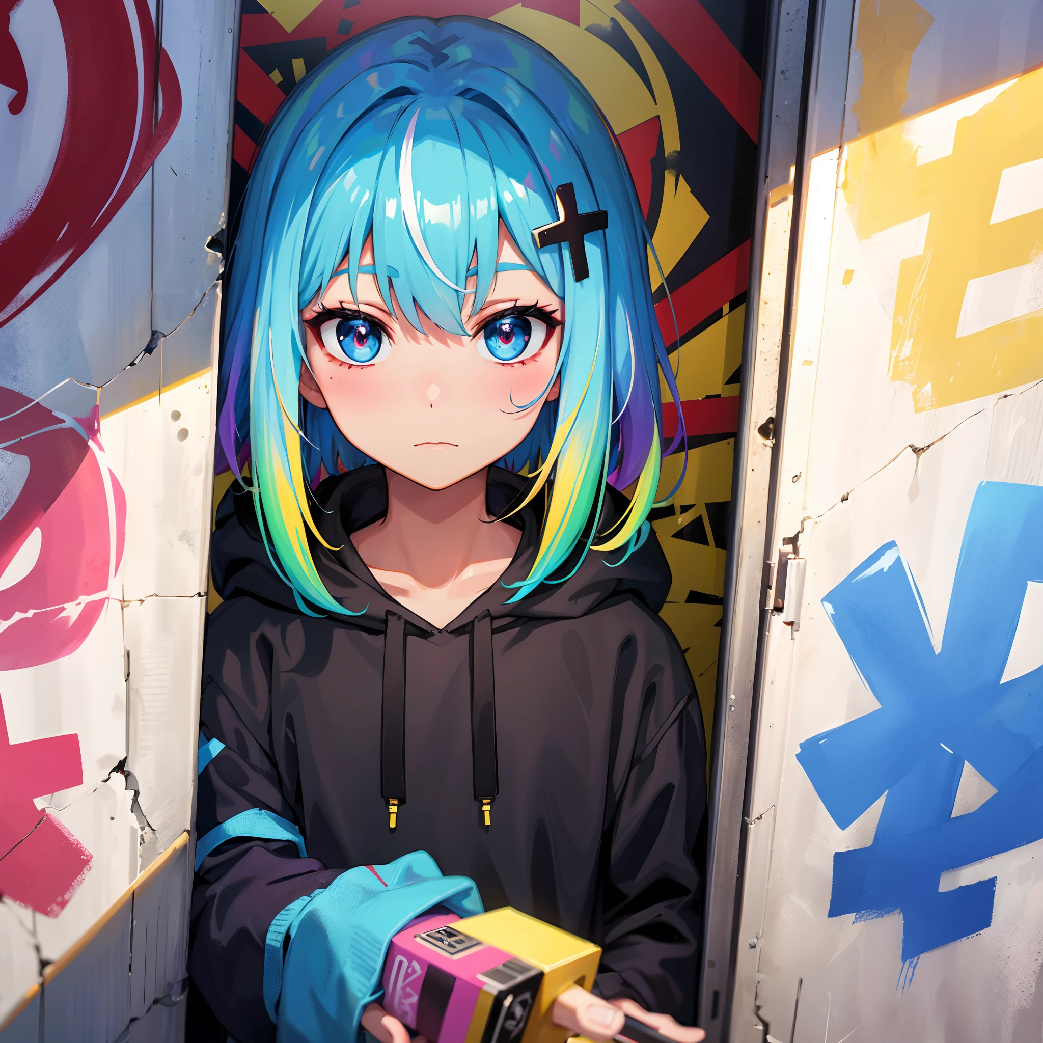 master masterpiece,highs quality,great resolution,absurdress,super fine,8k,1boy,golden gray hair white,blue hair,Colorful hair,gradient hair,looking at the scenes,colorful eyes,Colorful hoodies,(Graffiti mural background wall:1.15),Exquisite Painting,rose,portrait,Cross hair ornaments,closed mouth,Pockets,Against the Wall,bangs hair,shadow,reflection
