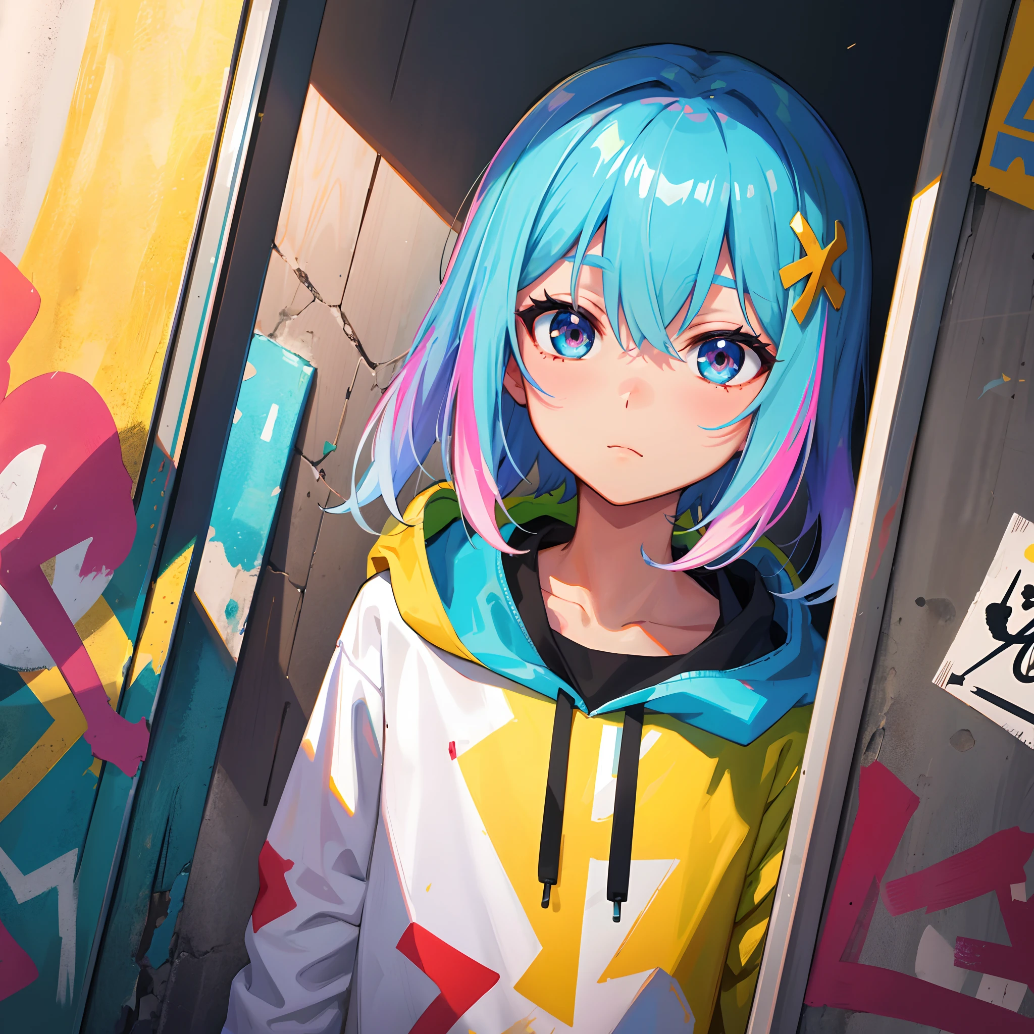 master masterpiece,highs quality,great resolution,absurdress,super fine,8k,1boy,golden gray hair white,blue hair,Colorful hair,gradient hair,looking at the scenes,colorful eyes,Colorful hoodies,(Graffiti mural background wall:1.15),Exquisite Painting,rose,portrait,Cross hair ornaments,closed mouth,Pockets,Against the Wall,bangs hair,shadow,reflection