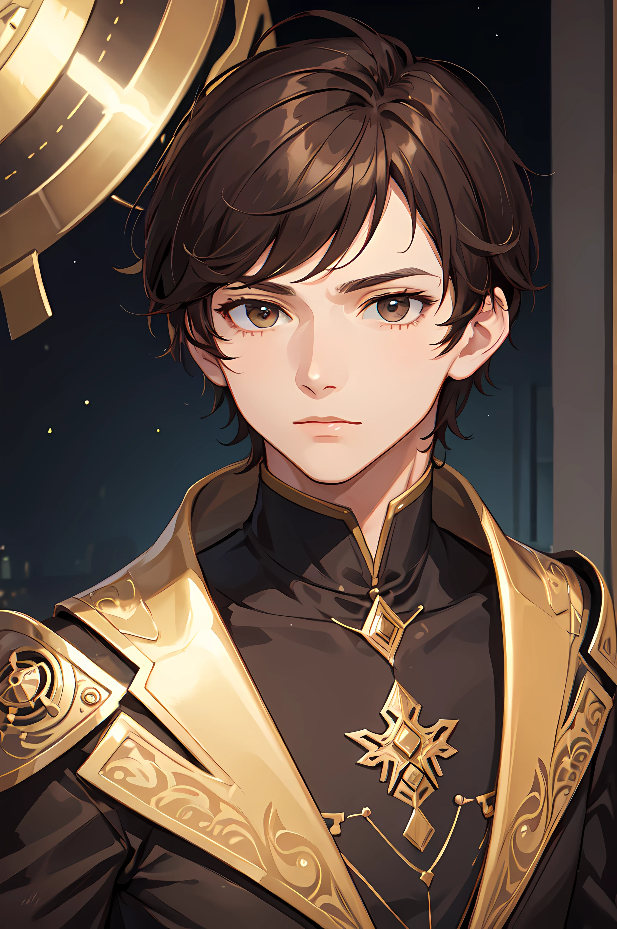 Noble man, male, short brown hair, brown eyes, futuristic style, portrait, detailed, asymmetric clothes